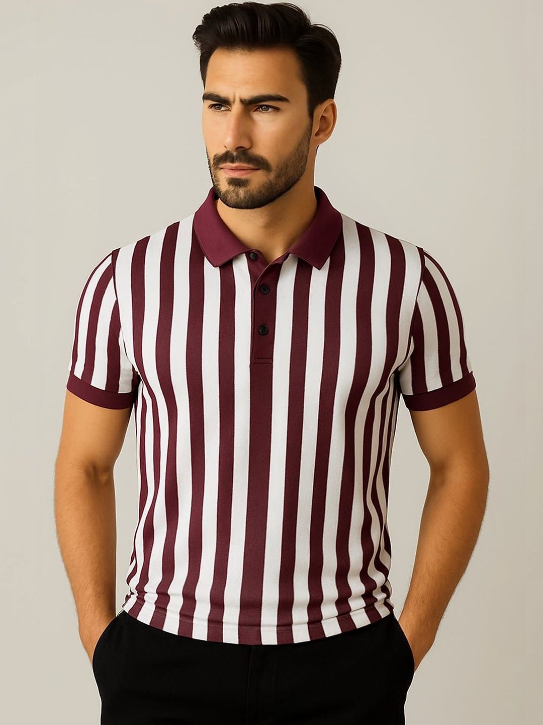 WILD ELEPHANT Men Striped Polo Collar T-shirt