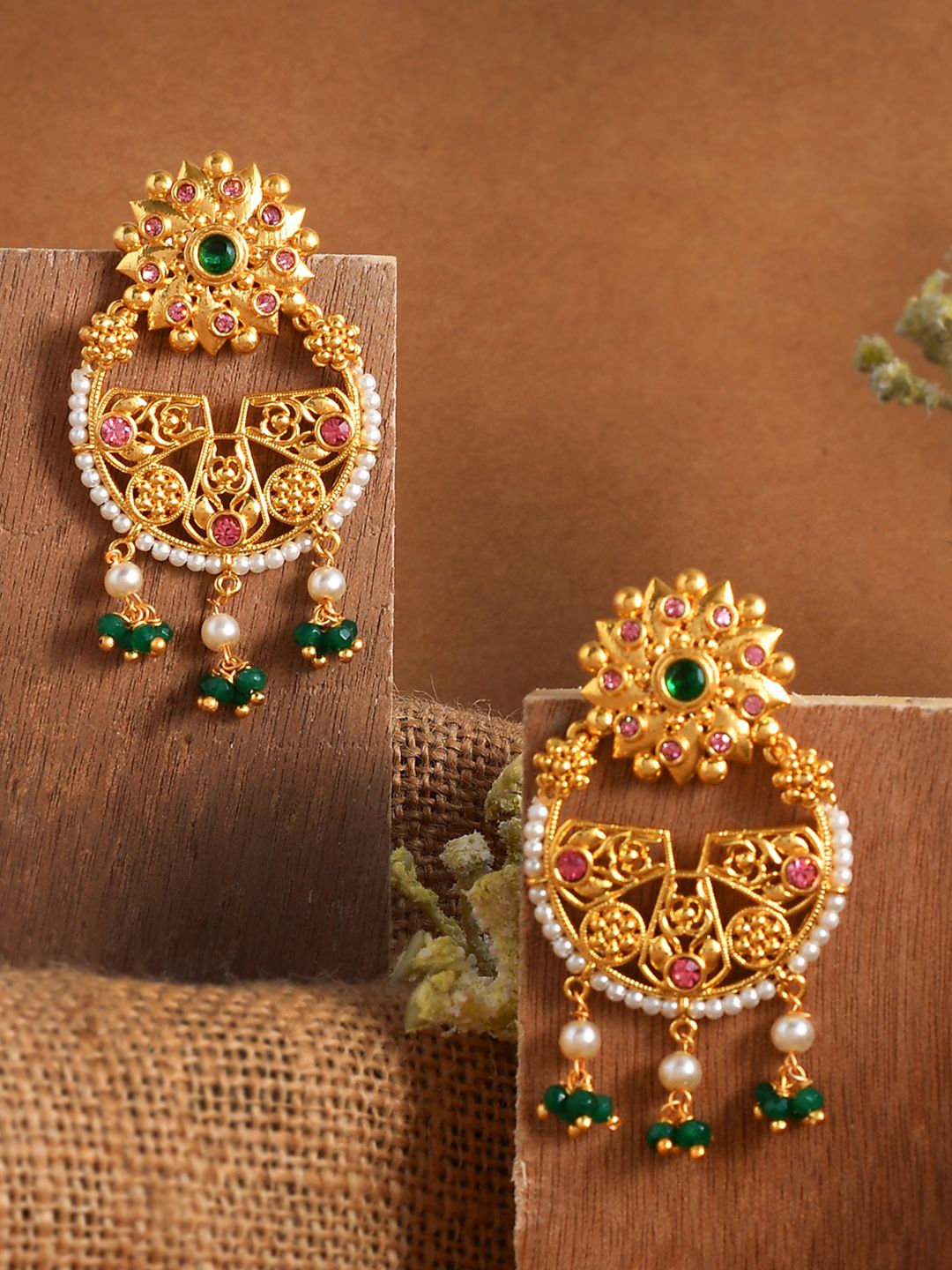 Voylla Abharan Green Stones and White Pearls Floral Earrings