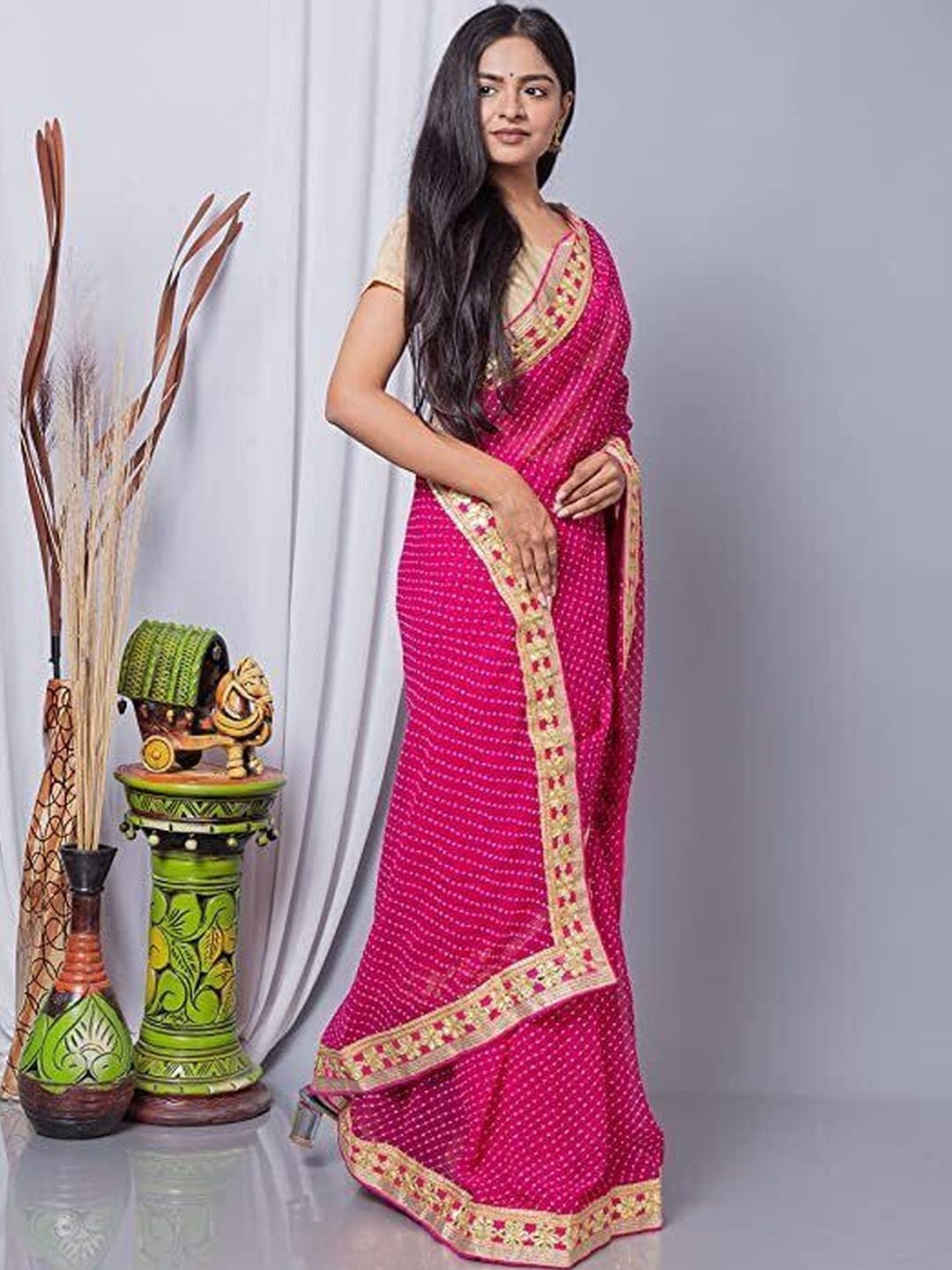 PANKHUDI FASHION Bandhani Zari Pure Georgette Leheriya Saree