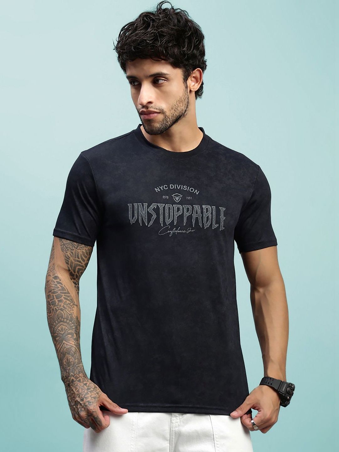 LUX NITRO Men Cloud Burst Print Cotton Blend Round Neck Short Sleeve T Shirt