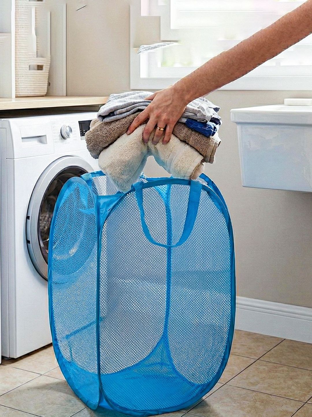 HOMESTIC Blue Textured Foldable Laundry Bag With Handles- 30L