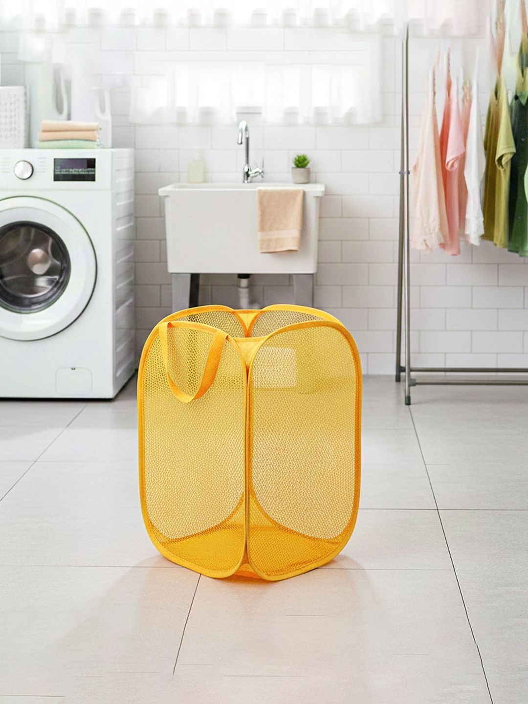 HOMESTIC Yellow Textured Foldable Laundry Bag With Handles- 20L