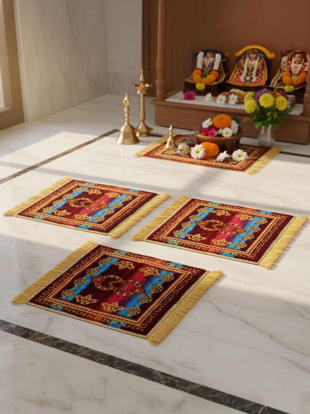 Kuber Industries Maroon & Blue 3 Pieces Velvet Aasan Mats