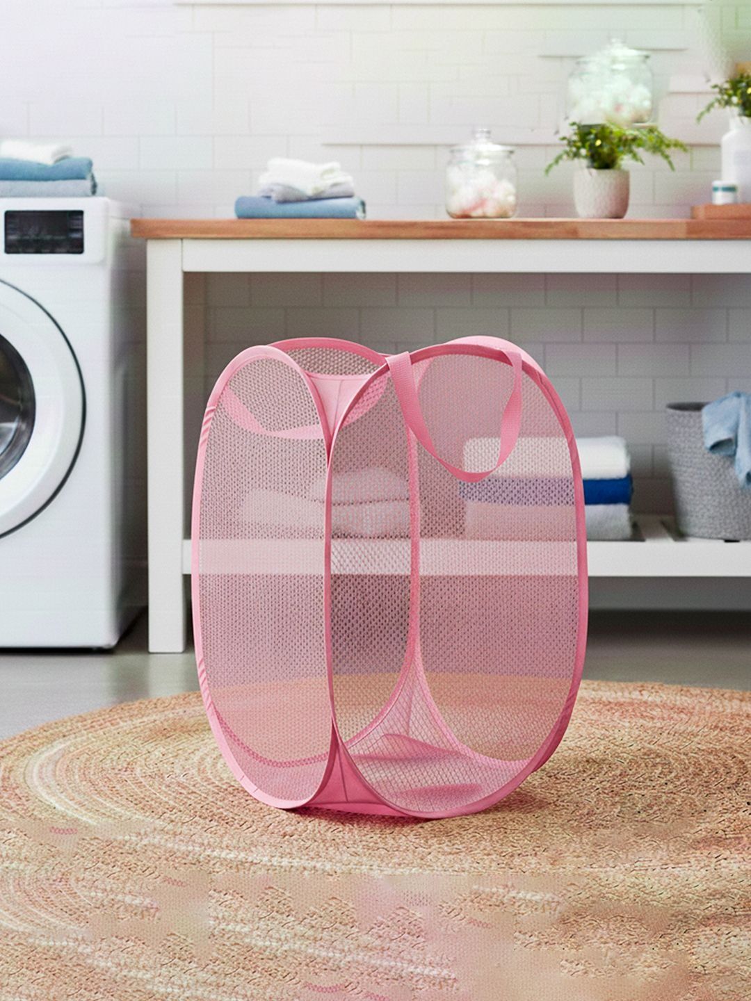 HOMESTIC Pink Textured Foldable Laundry Bag With Handles- 30L