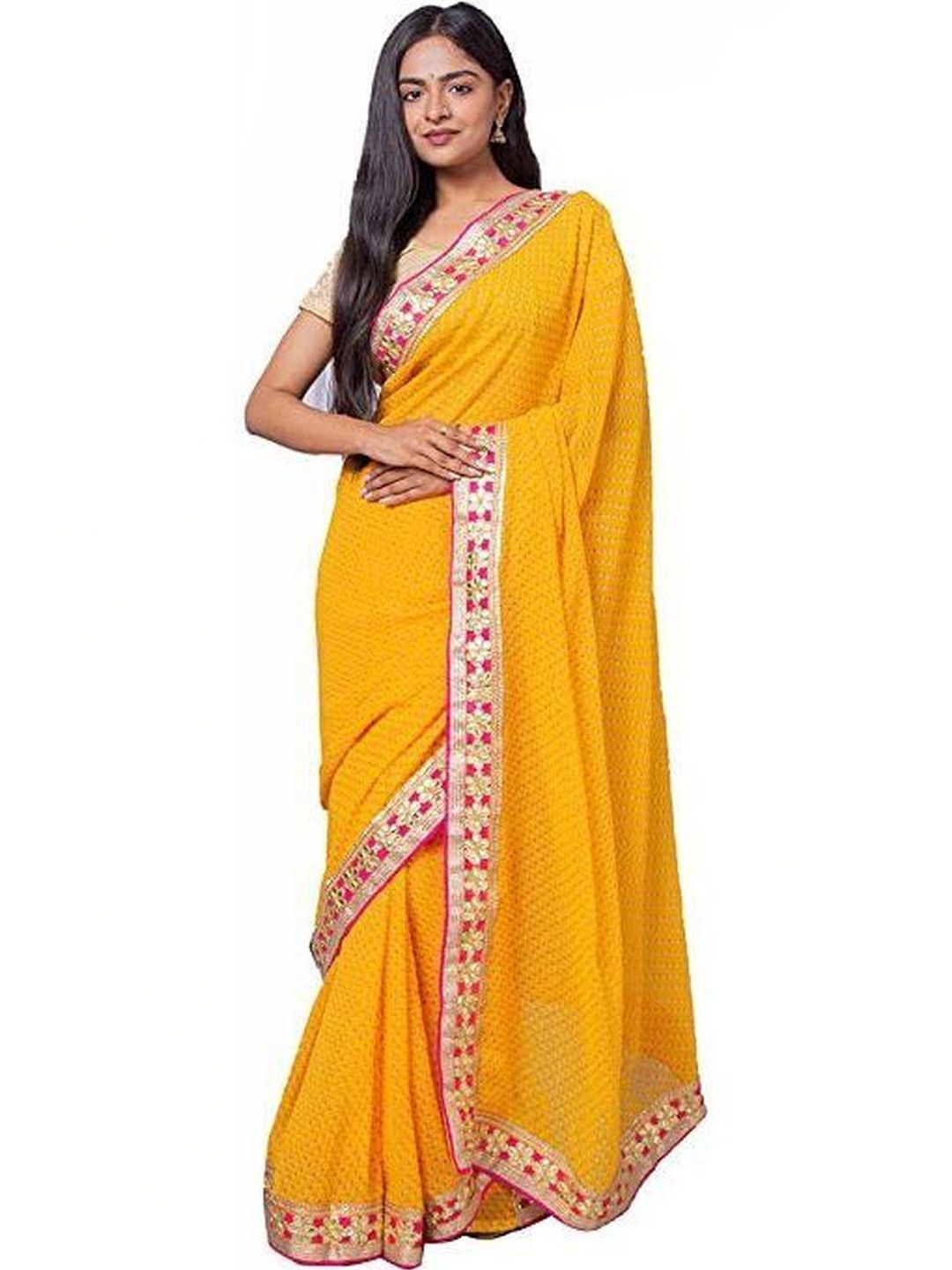 PANKHUDI FASHION Ethnic Motifs Zari Pure Georgette Heavy Work Saree