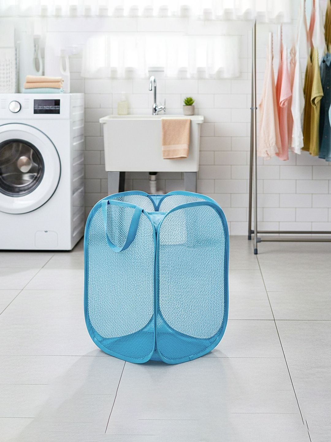 HOMESTIC Blue Textured Foldable Laundry Bag With Handles- 30L