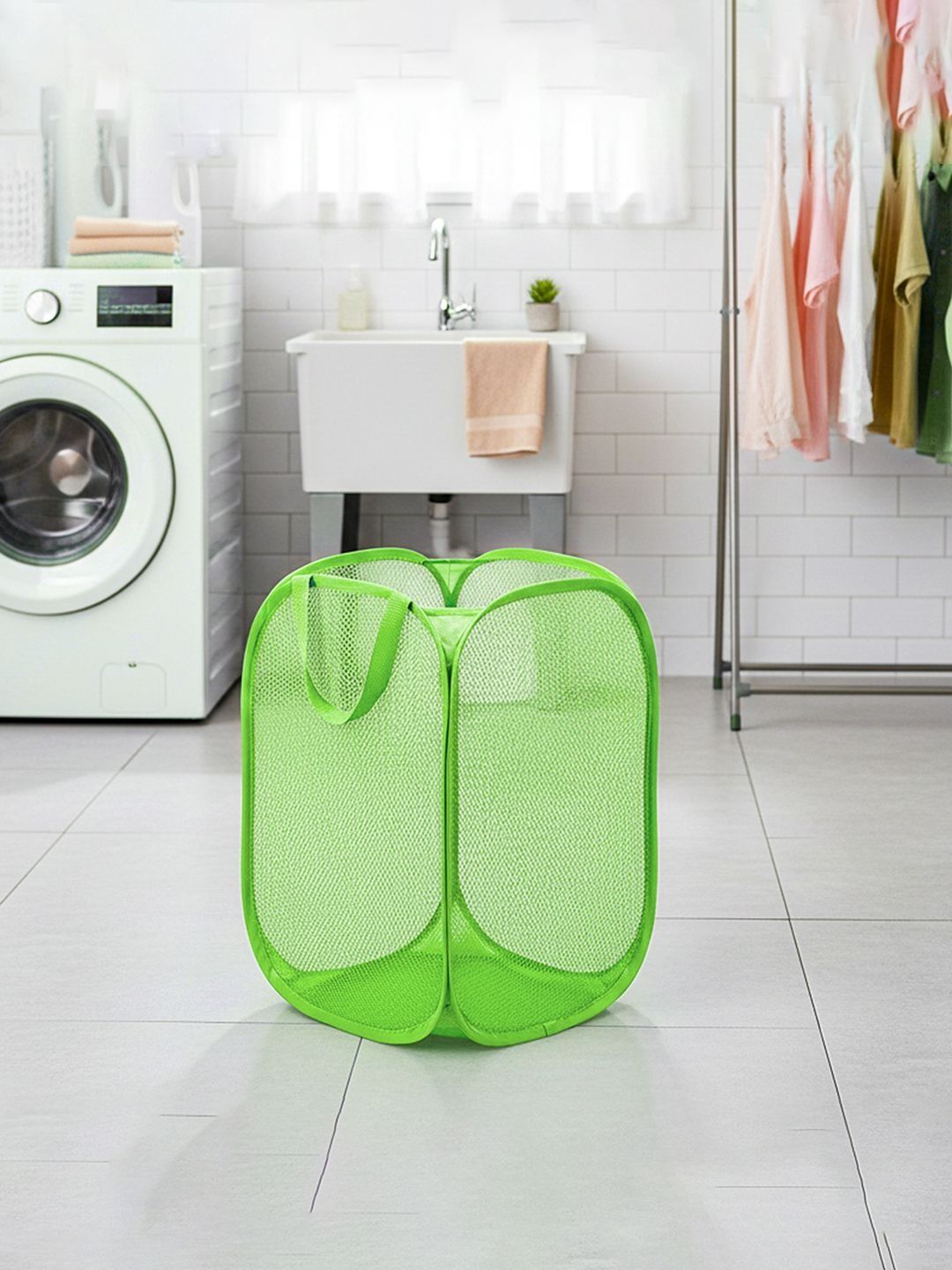 HOMESTIC Green Textured Foldable Laundry Bag With Handles- 20L
