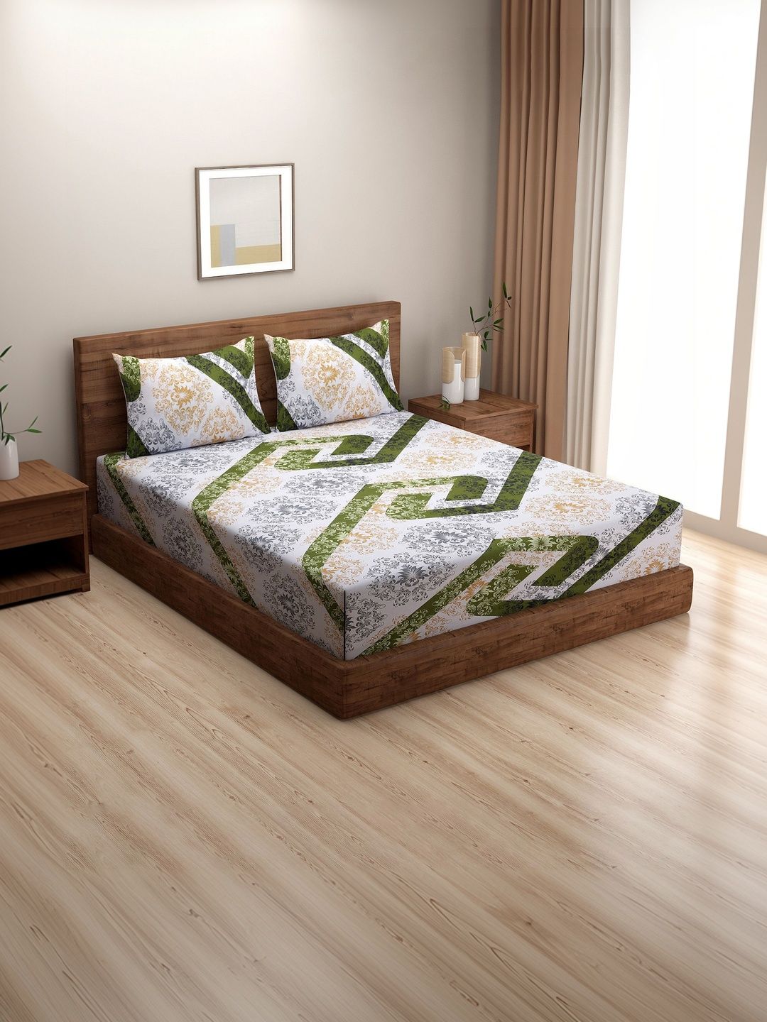 SWAYAM SWAYAM Green 160 TC King Bedsheet with 2 Pillow Covers