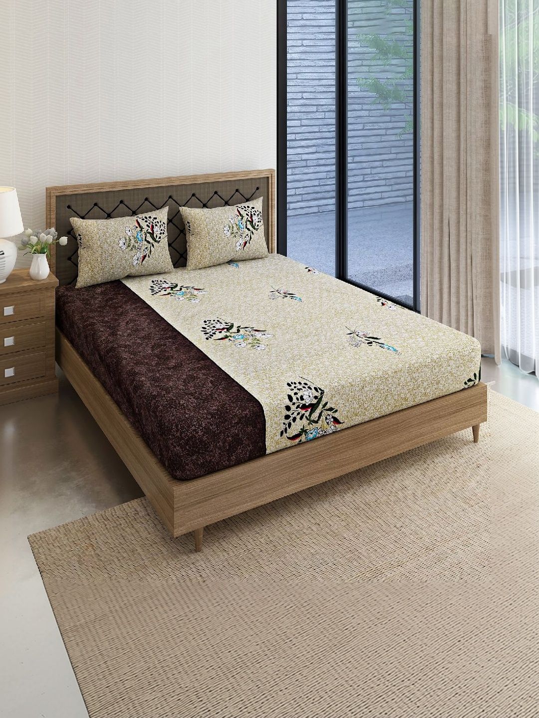 SWAYAM SWAYAM Beige Floral 160 TC Bedsheet with 2 Pillow Covers