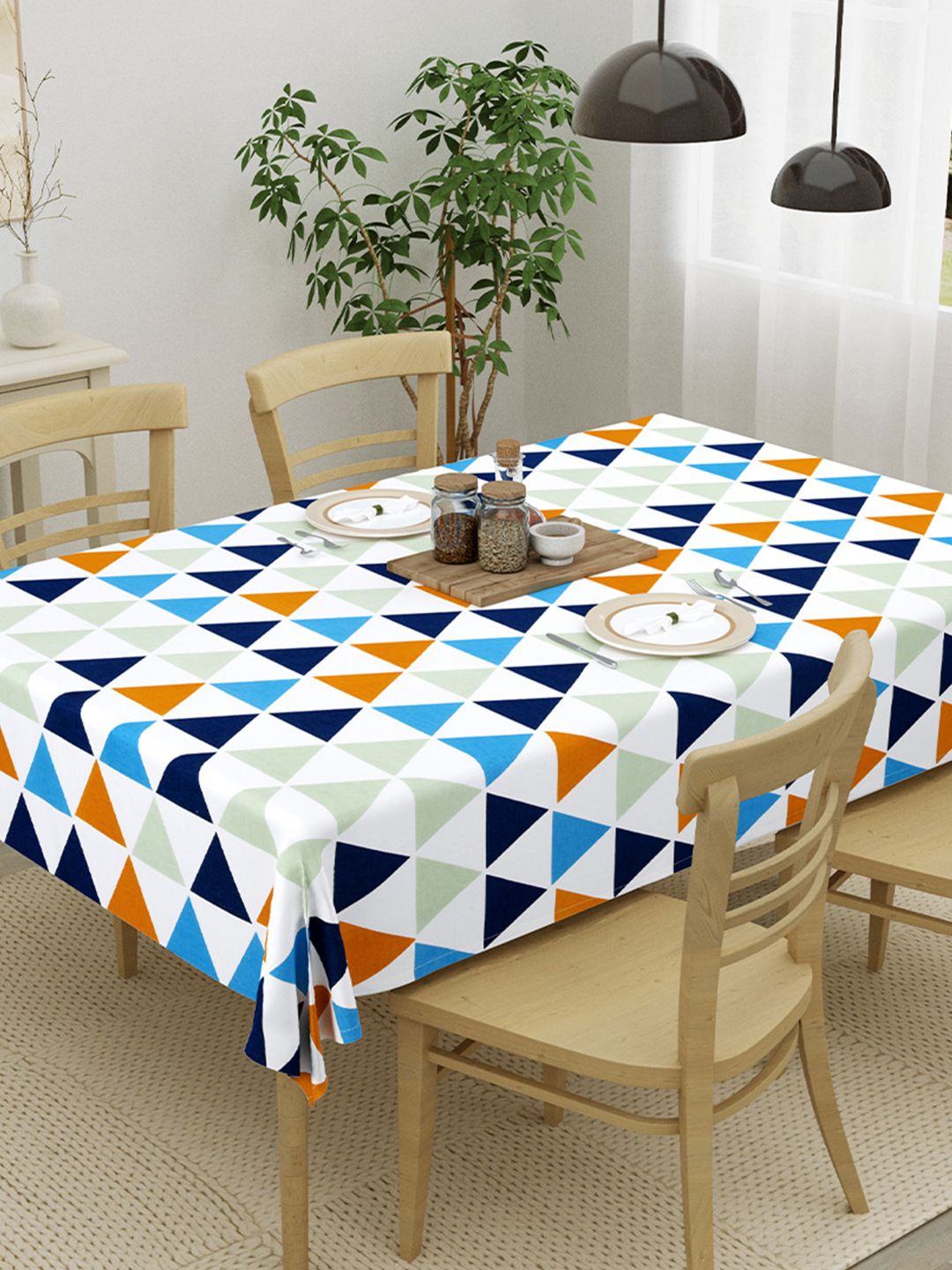 HOMEMONDE White & Blue Printed Pure Cotton 4-Seater Table Cover