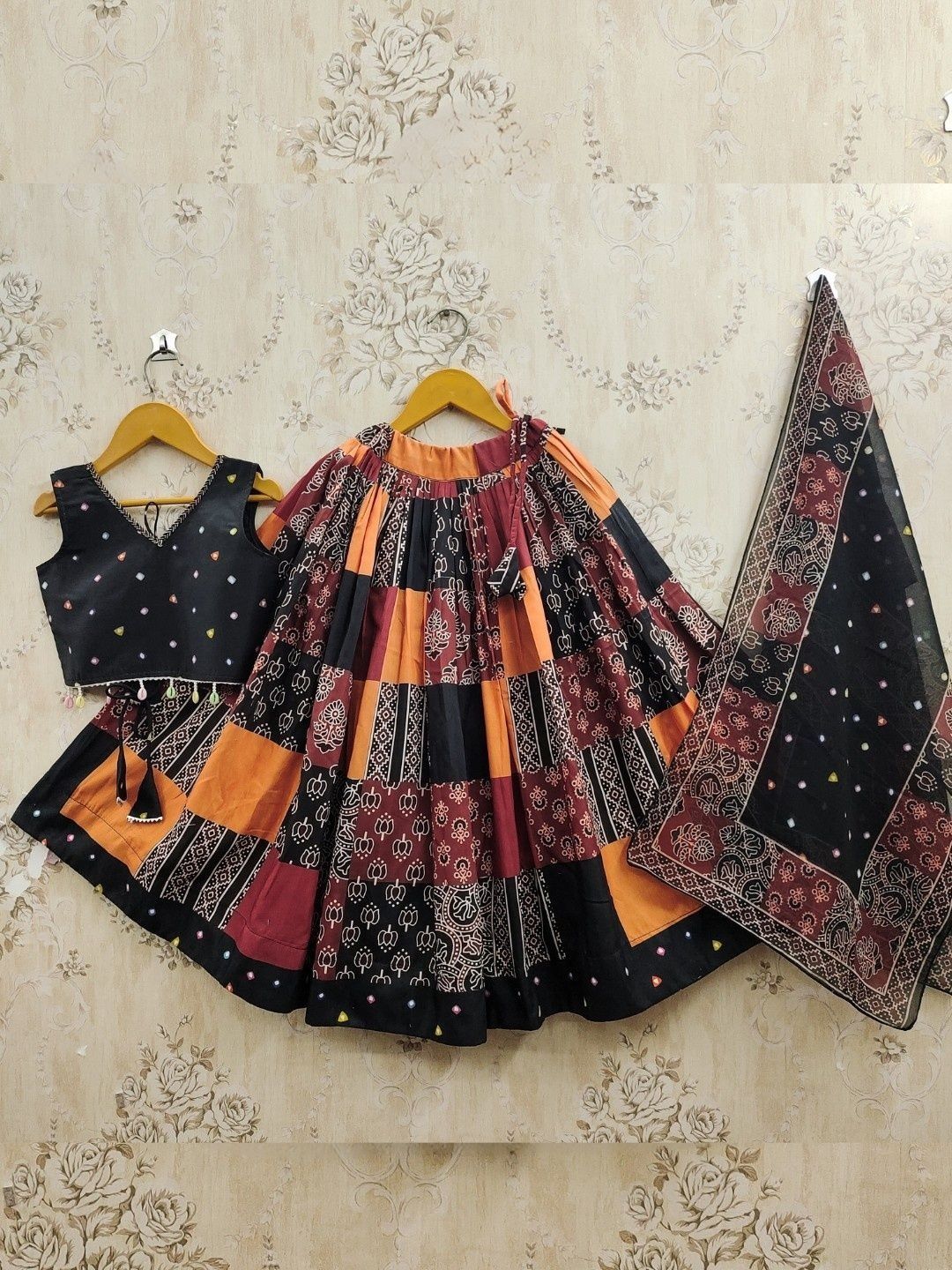 Sangria Girls Printed with Embellished Cotton V-Neck Flared Lehenga Choli & Dupatta