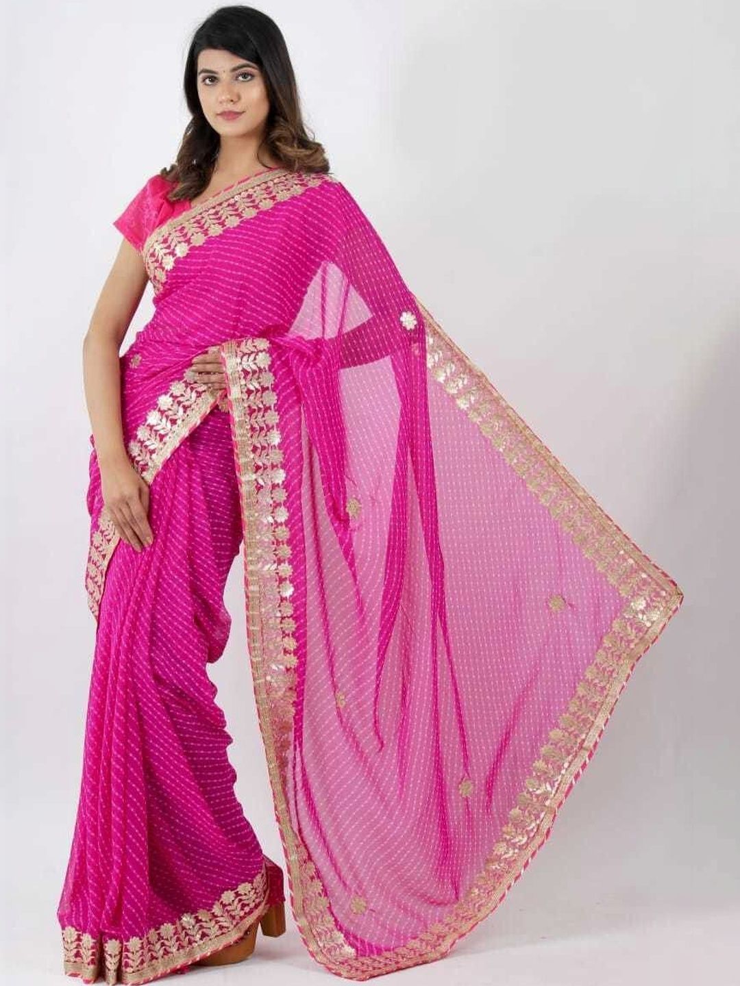 PANKHUDI FASHION Leheriya Gotta Patti Pure Georgette Leheriya Saree