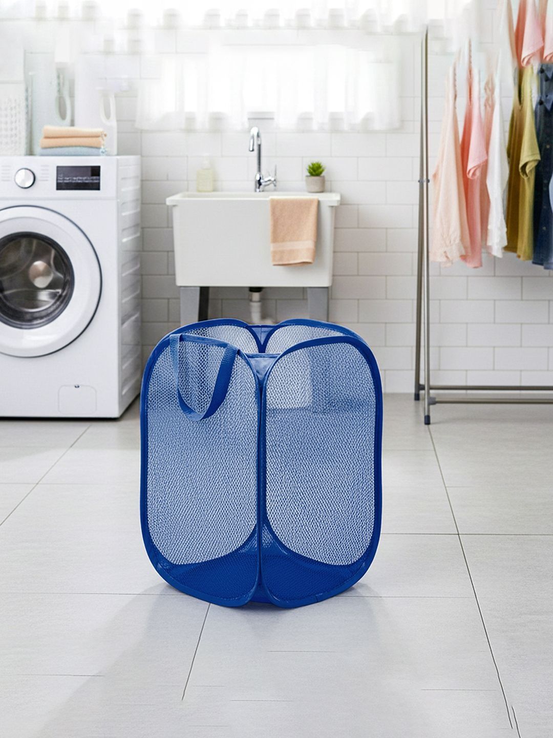 HOMESTIC Blue Textured Foldable Laundry Bag With Handles- 20L