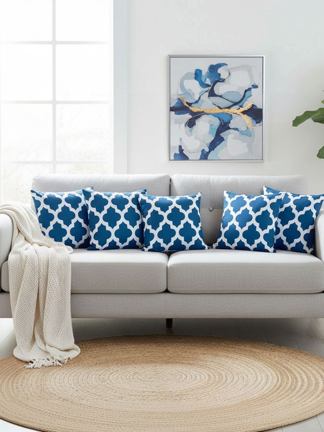 HOMEMONDE Blue Set of 5 Geometric Square Cushion Covers