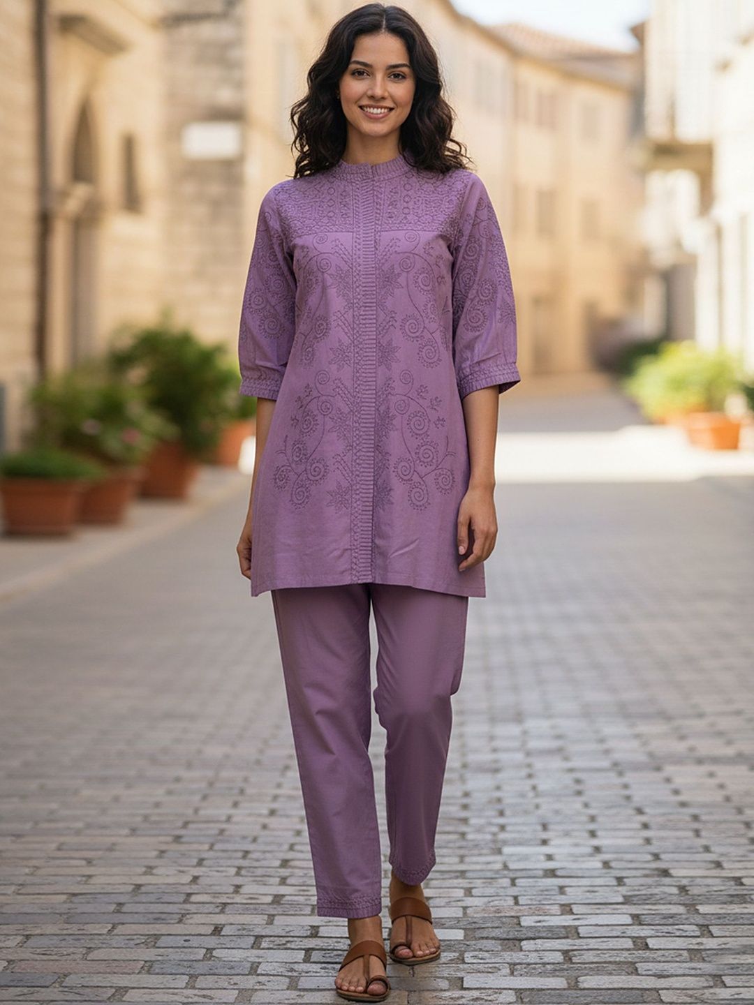 Co-Ords Zolo Label Embroidered Cotton Blend Mandarin Collar Co-Ords