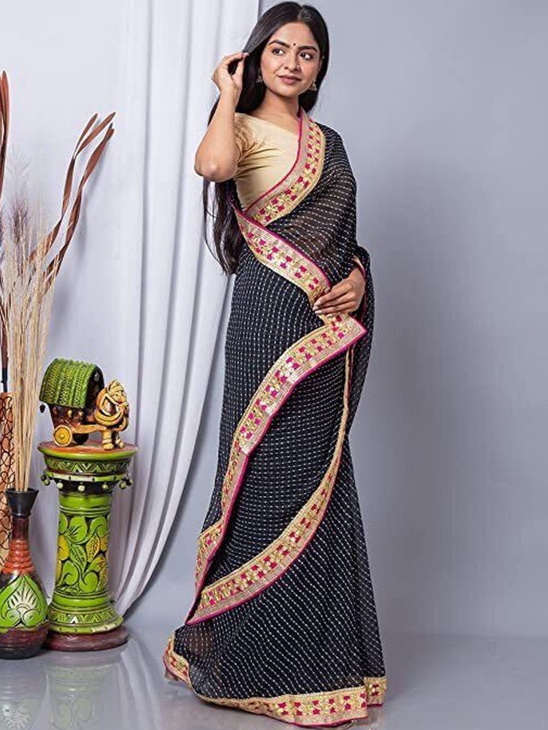 PANKHUDI FASHION Woven Design Zari Pure Georgette Heavy Work Leheriya Saree