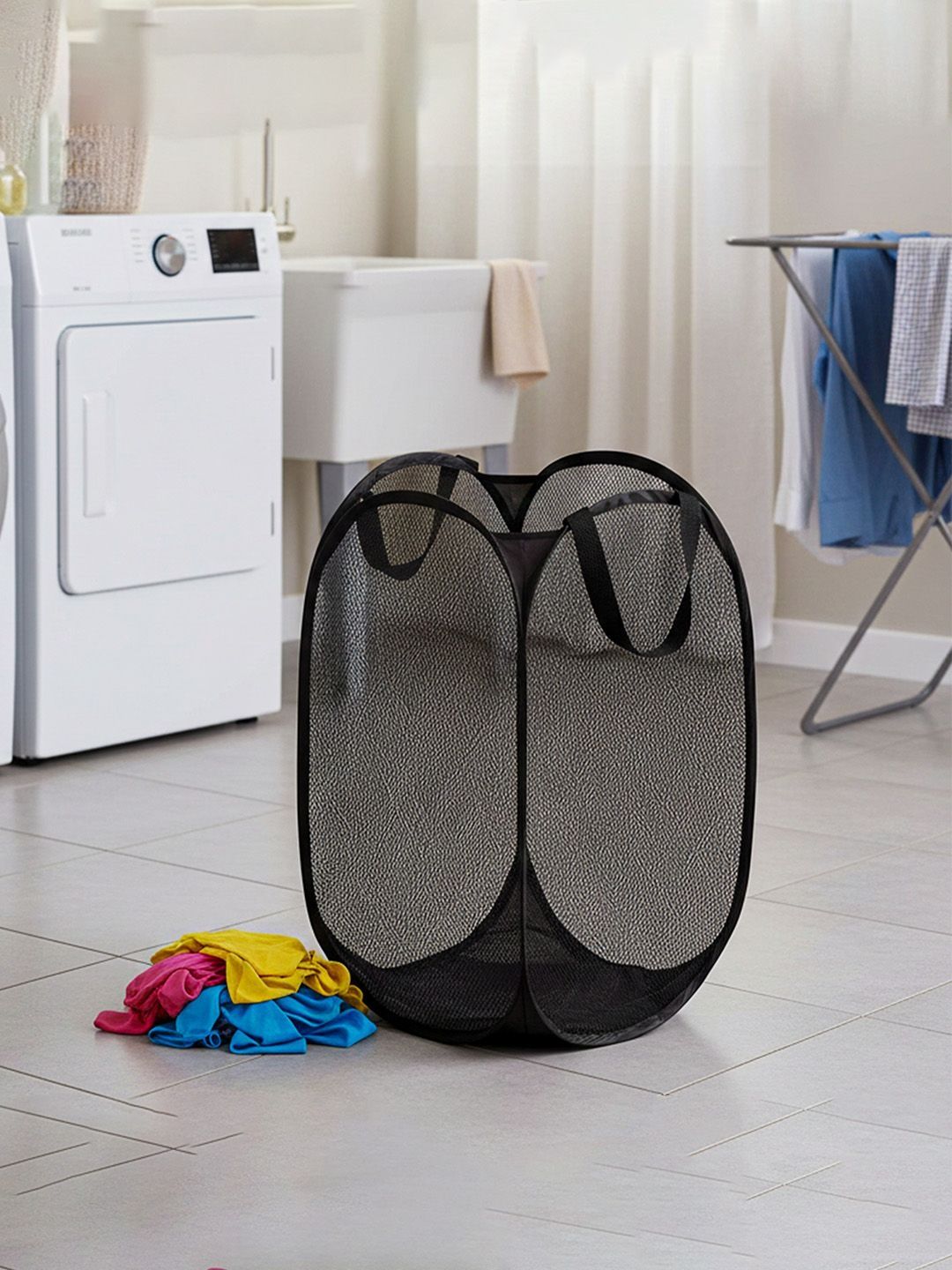 HOMESTIC Black Textured Foldable Laundry Bag With Handles- 20L