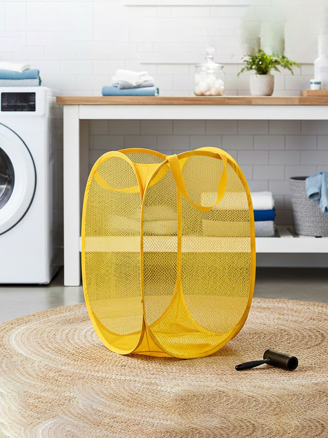 HOMESTIC Yellow Textured Foldable Laundry Bag With Handles- 30L
