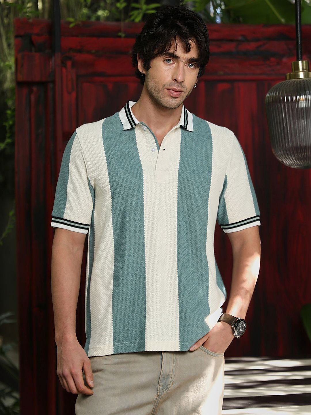 CAHOOT Men Striped Polo Collar T-shirt