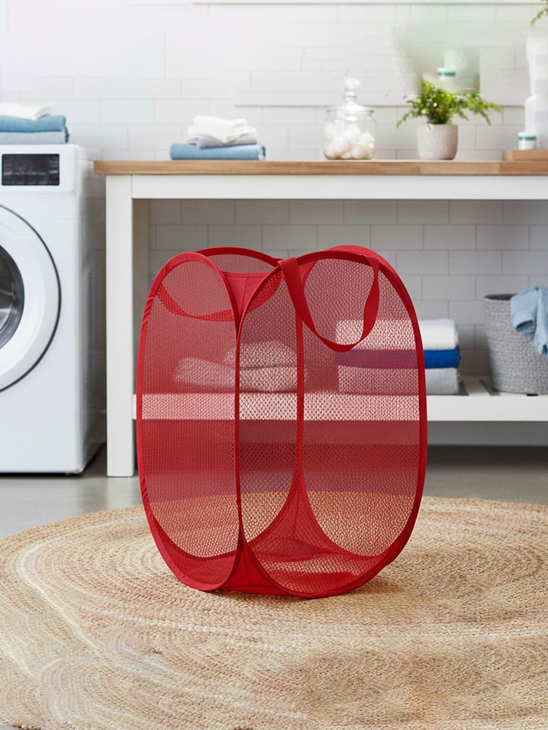 HOMESTIC Red Textured Foldable Laundry Bag With Handles- 30L
