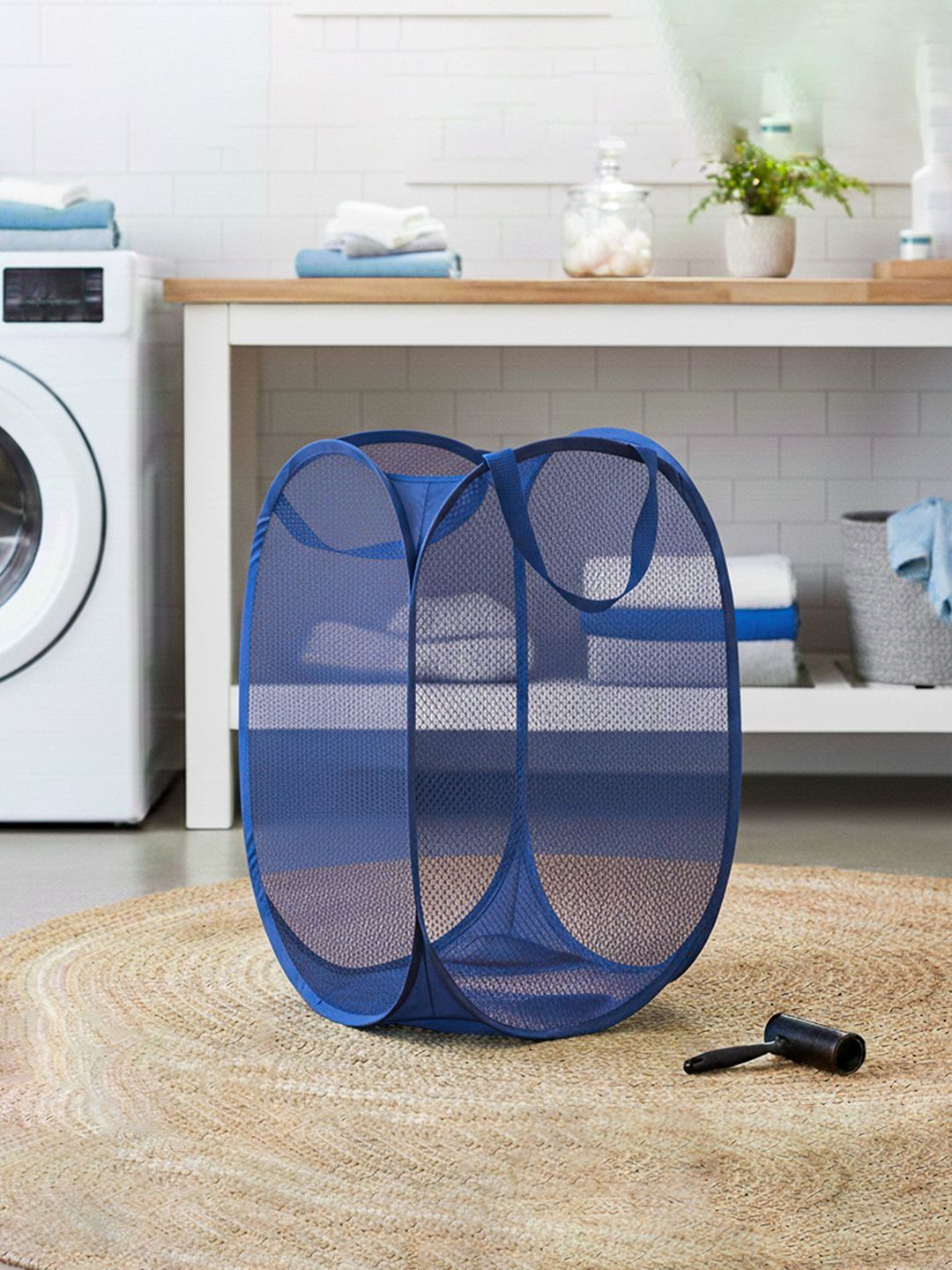 HOMESTIC Blue Textured Foldable Laundry Bag With Handles- 30L
