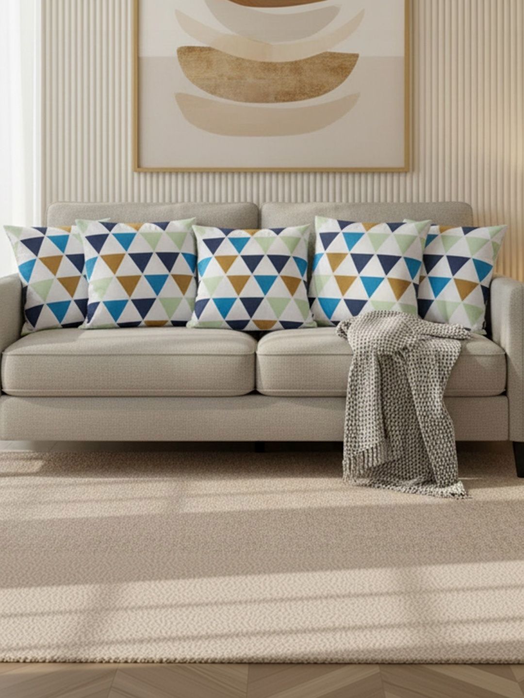 HOMEMONDE Blue Set of 5 Geometric Square Cushion Covers