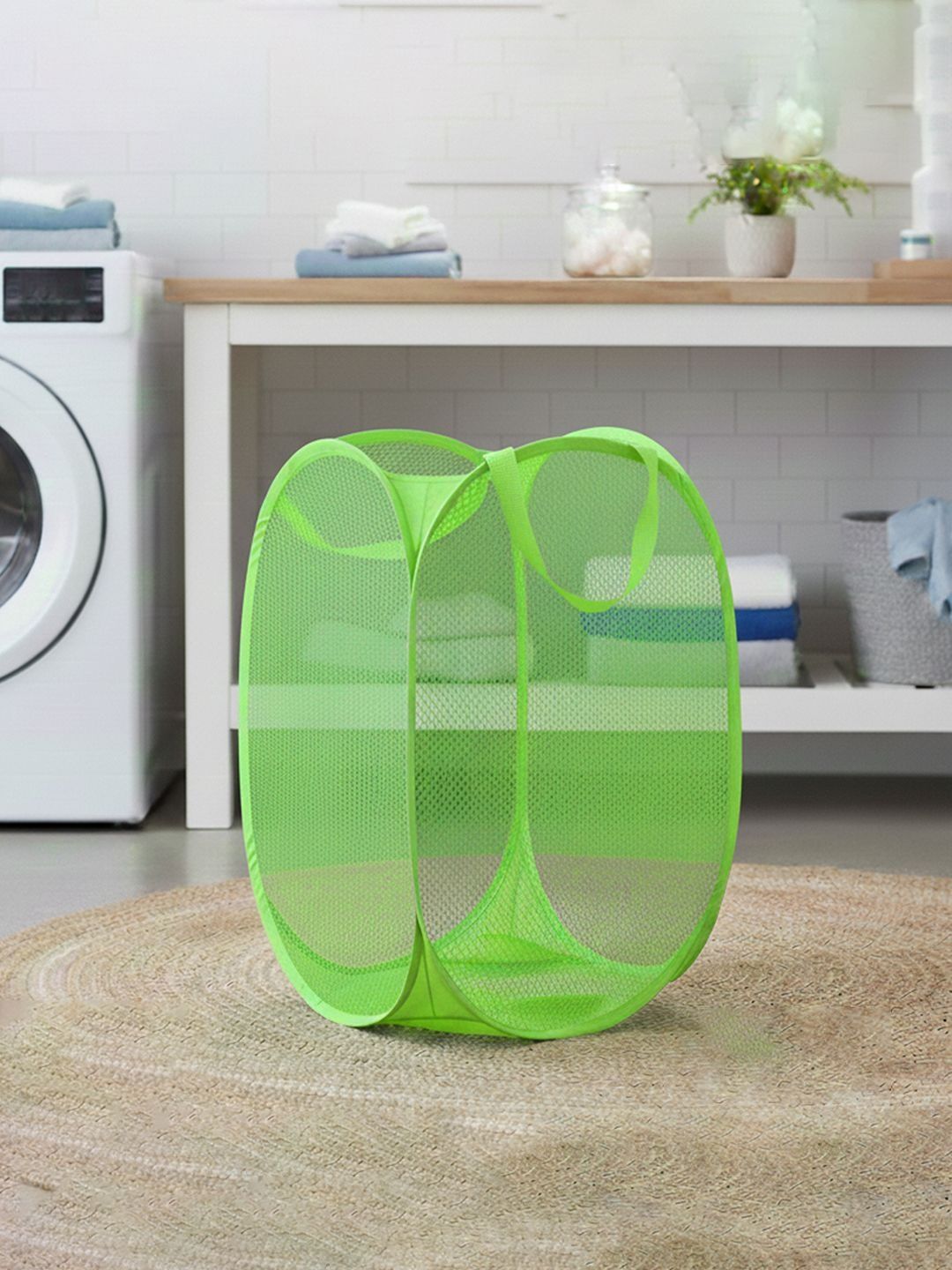 HOMESTIC Green Textured Foldable Laundry Bag With Handles- 30L