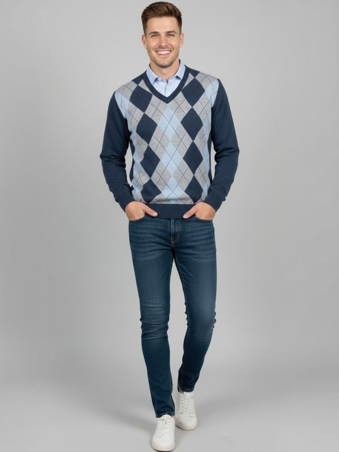 Pierre Carlo Men Argyle Printed Pullover