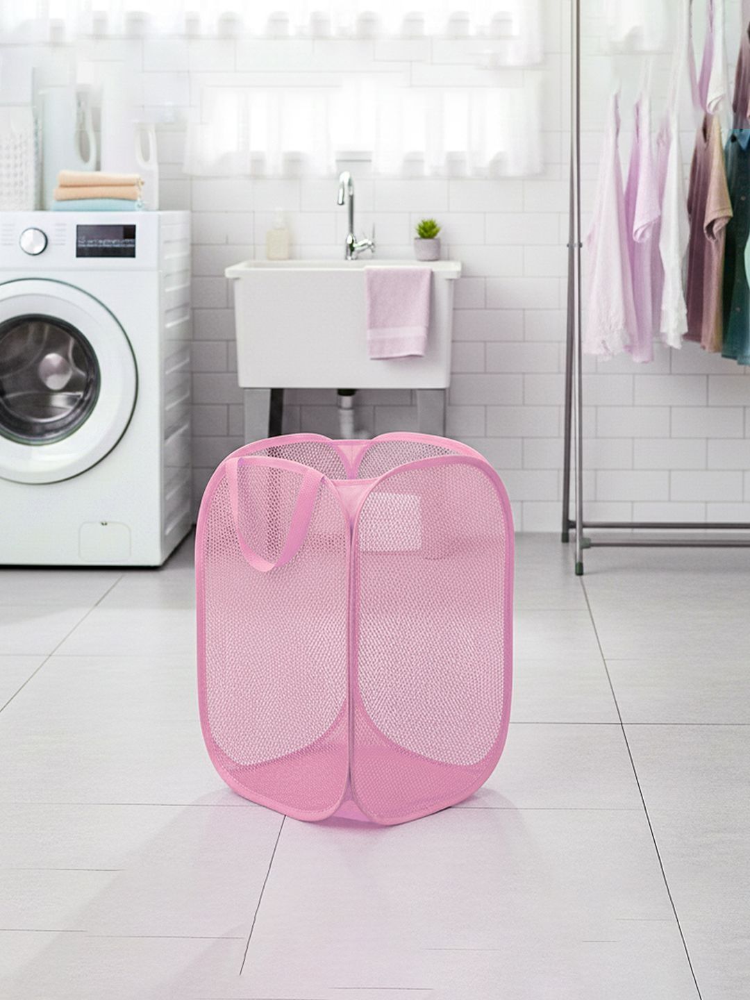 HOMESTIC Pink Textured Foldable Laundry Bag With Handles- 20L