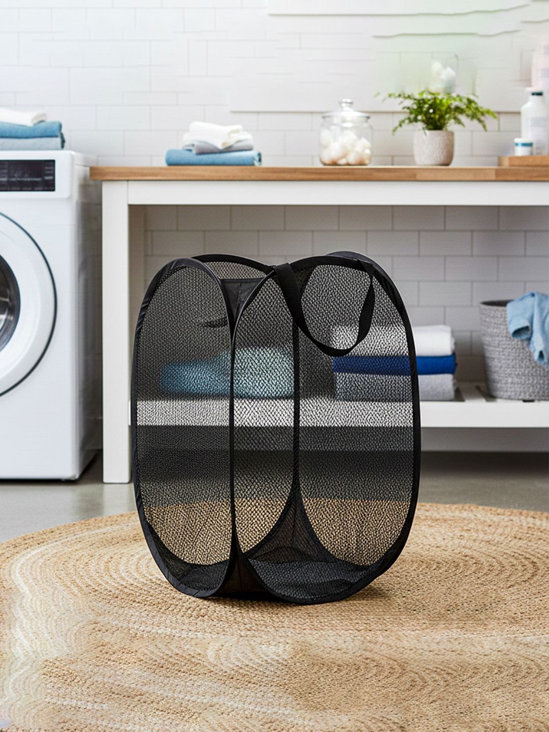 HOMESTIC Black Textured Foldable Laundry Bag With Handles- 30L