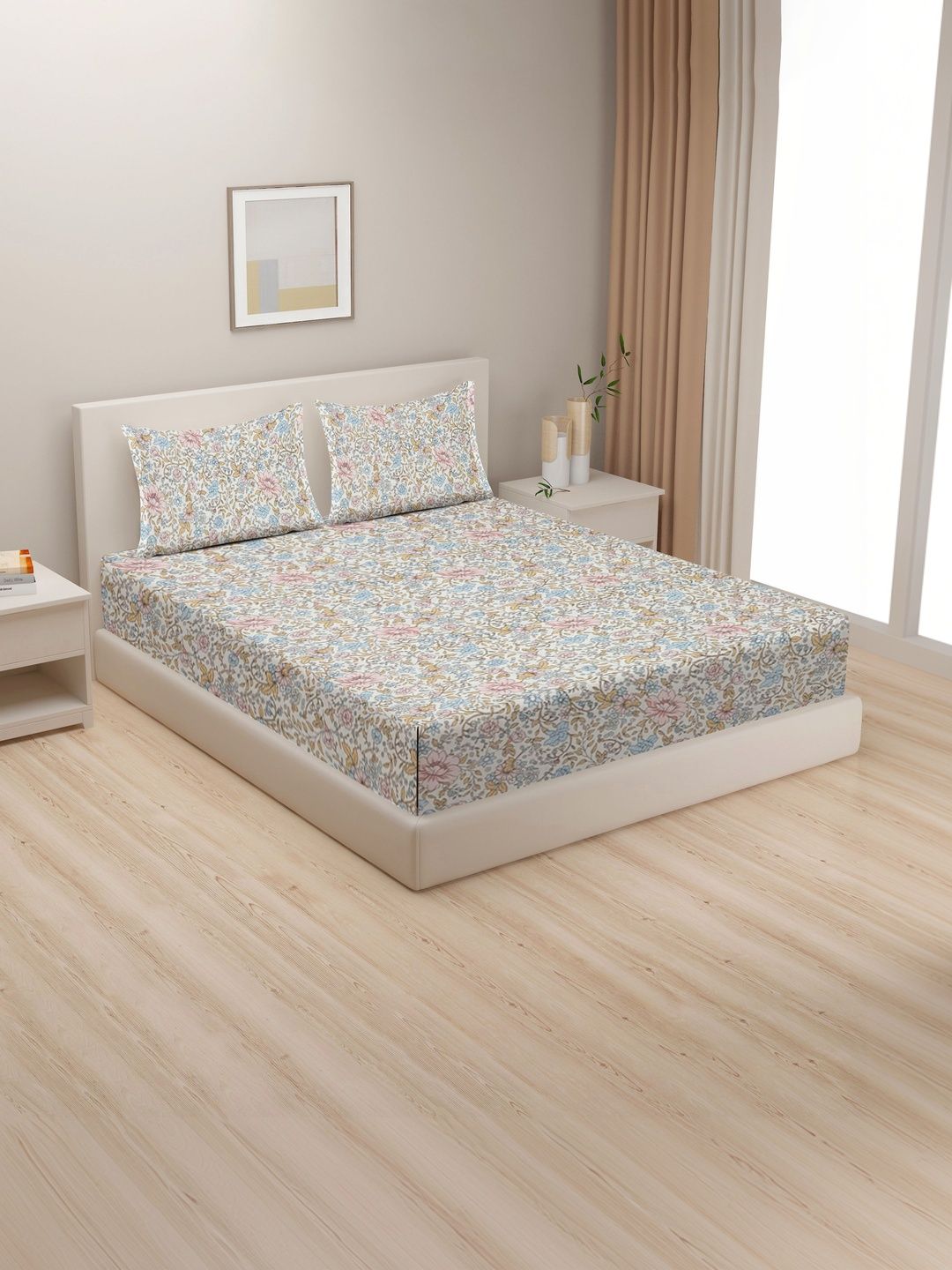 SWAYAM SWAYAM Brown Floral 180 TC Queen Bedsheet with 2 Pillow Covers