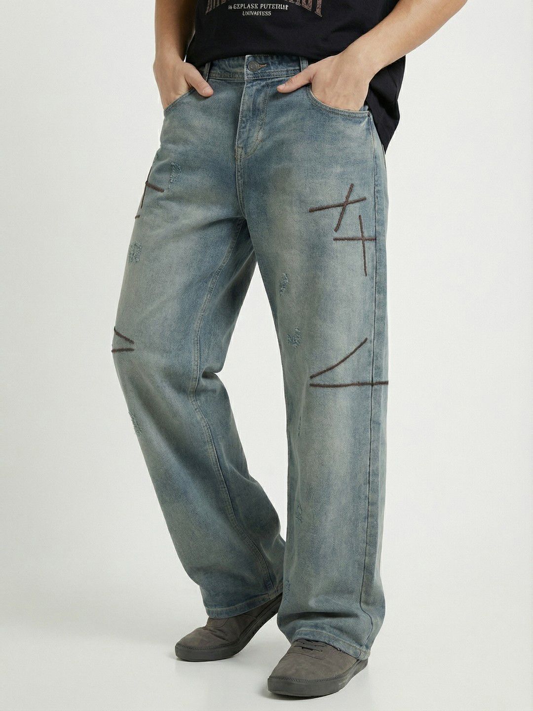 glitchez Men Relaxed Fit High-Rise Low Distress Light Fade Jeans