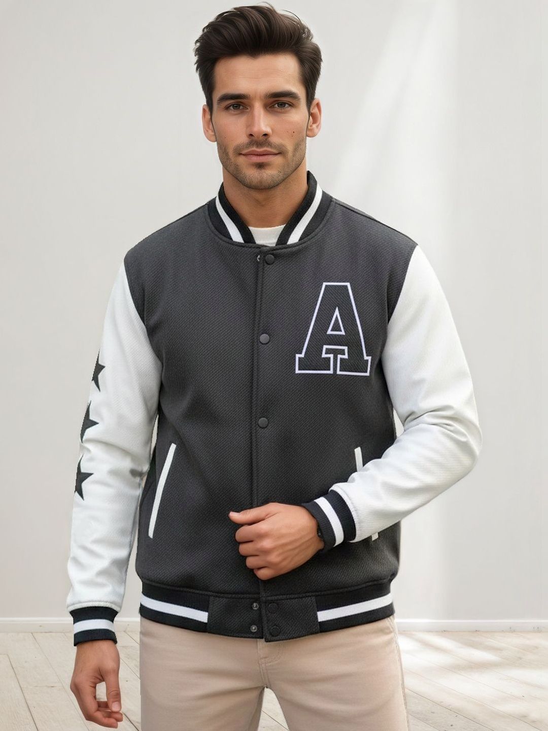 CHKOKKO Men Woollen Lightweight Outdoor Varsity Jacket