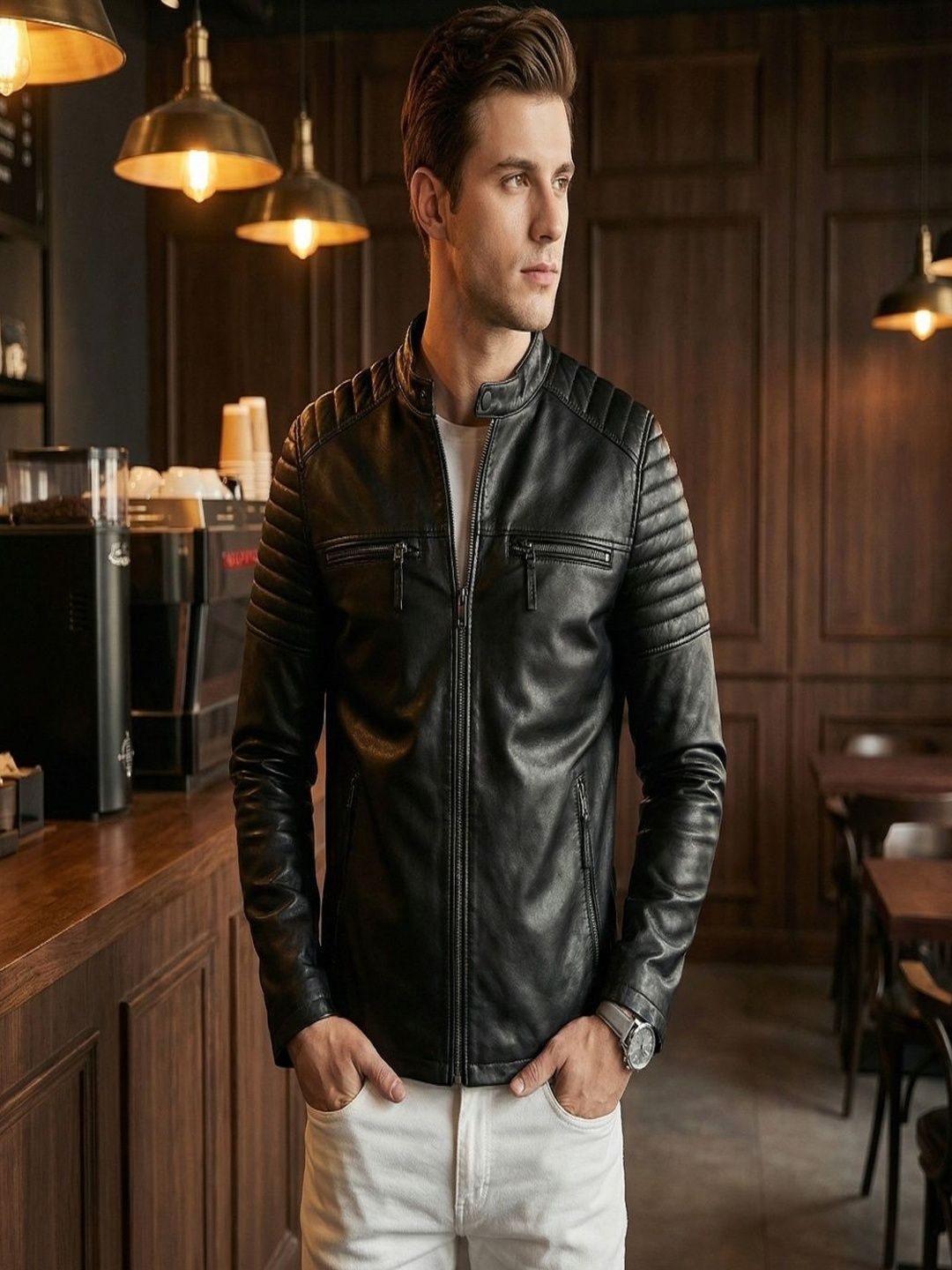 COOL EQUAL Men Leather Water Resistant e-Dry Technology Biker Jacket