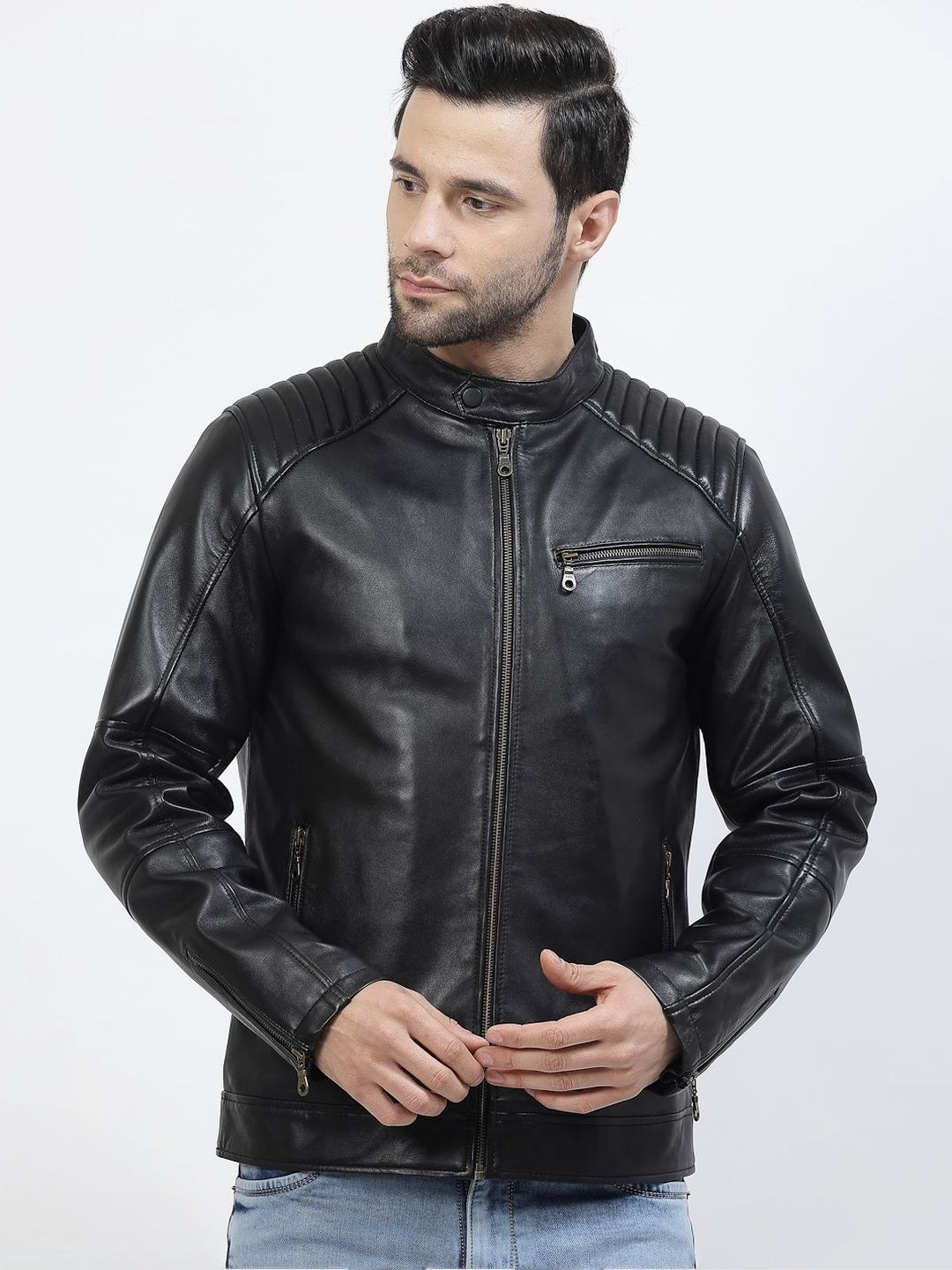 COOL EQUAL Men Leather Water Resistant e-Dry Technology Biker Jacket