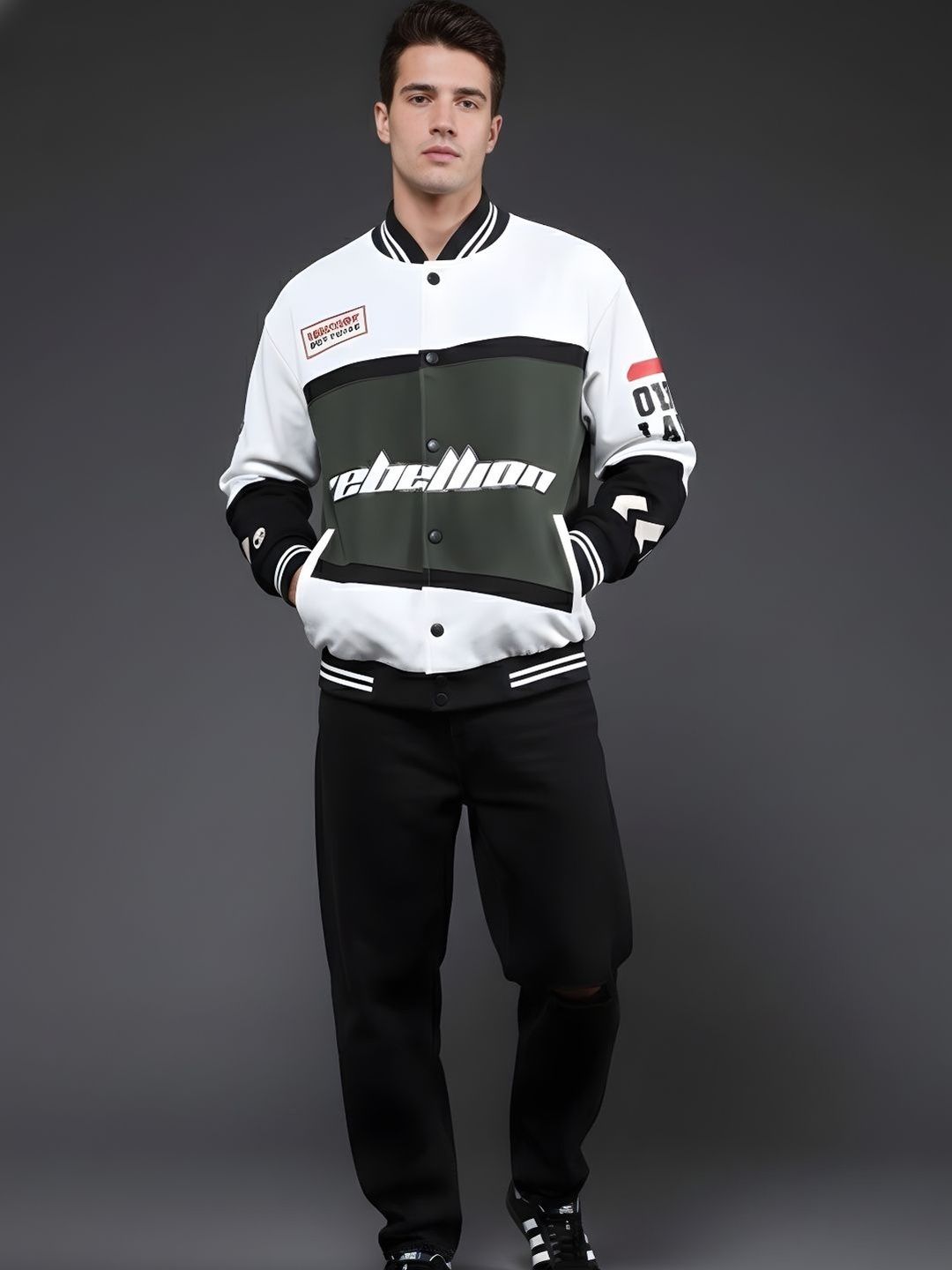 PRONK Men Typography Colourblocked Varsity Jacket