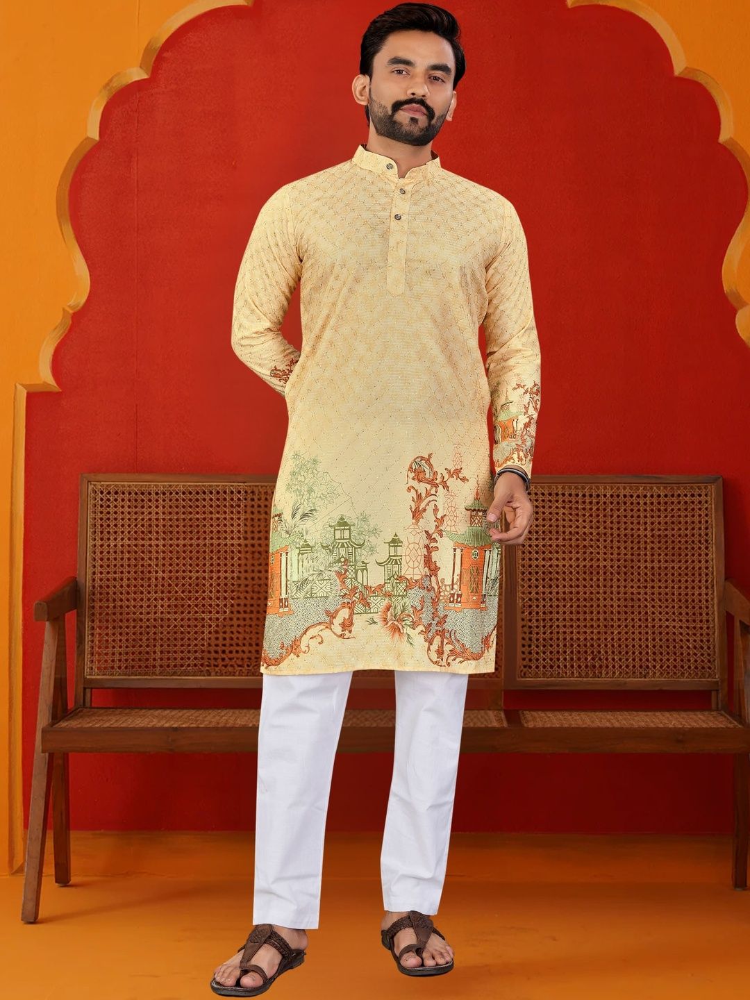 LADY BERRY Men Printed Sequinned Floral Kurta