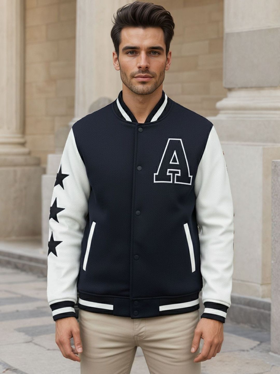 CHKOKKO Men Woollen Lightweight Outdoor Varsity Jacket