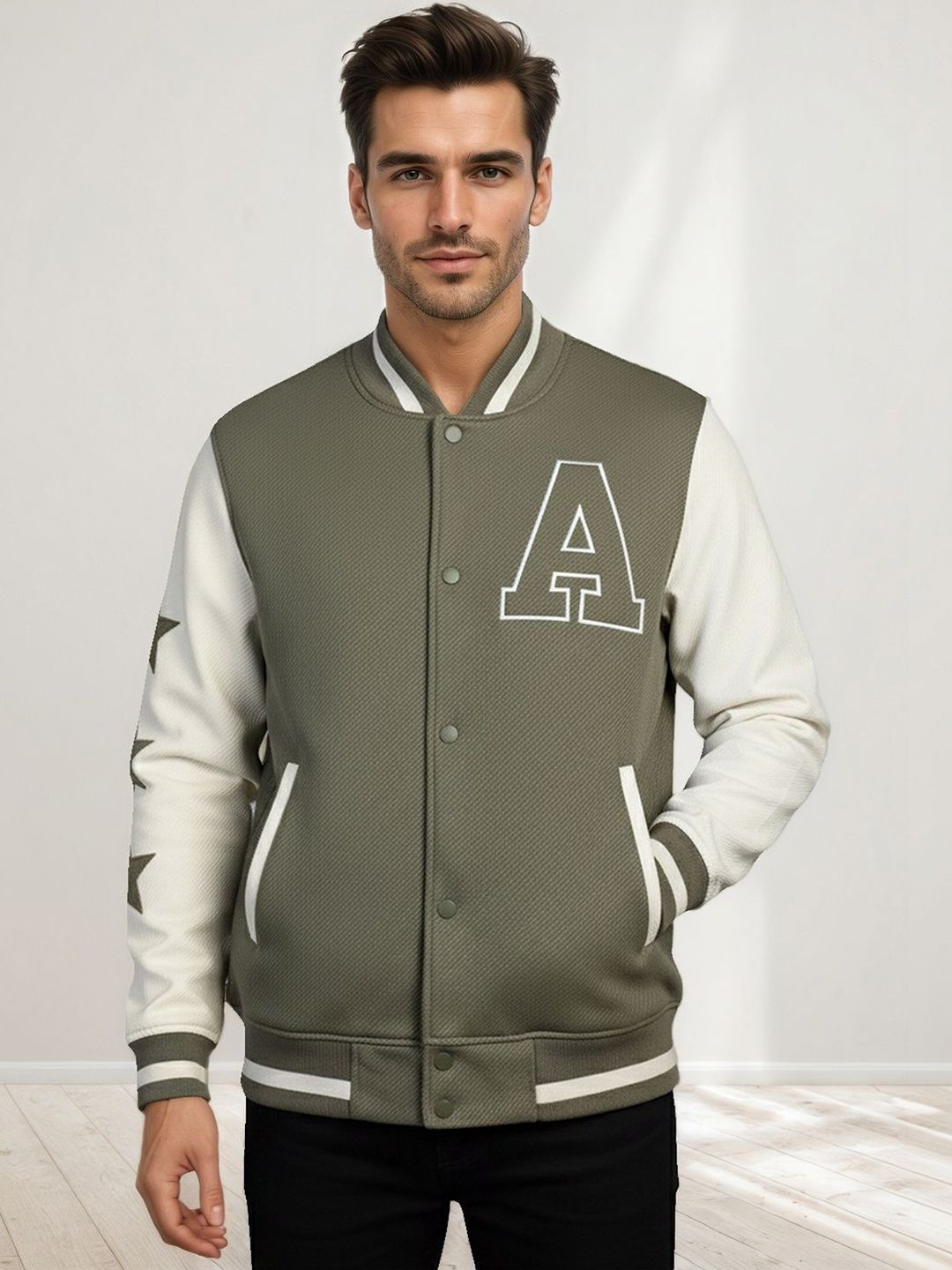 CHKOKKO Men Woollen Lightweight Outdoor Varsity Jacket