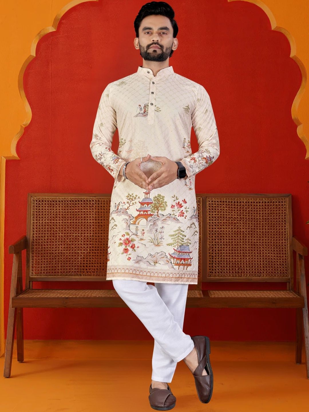LADY BERRY Men Floral Printed Sequinned White Romance Kurta