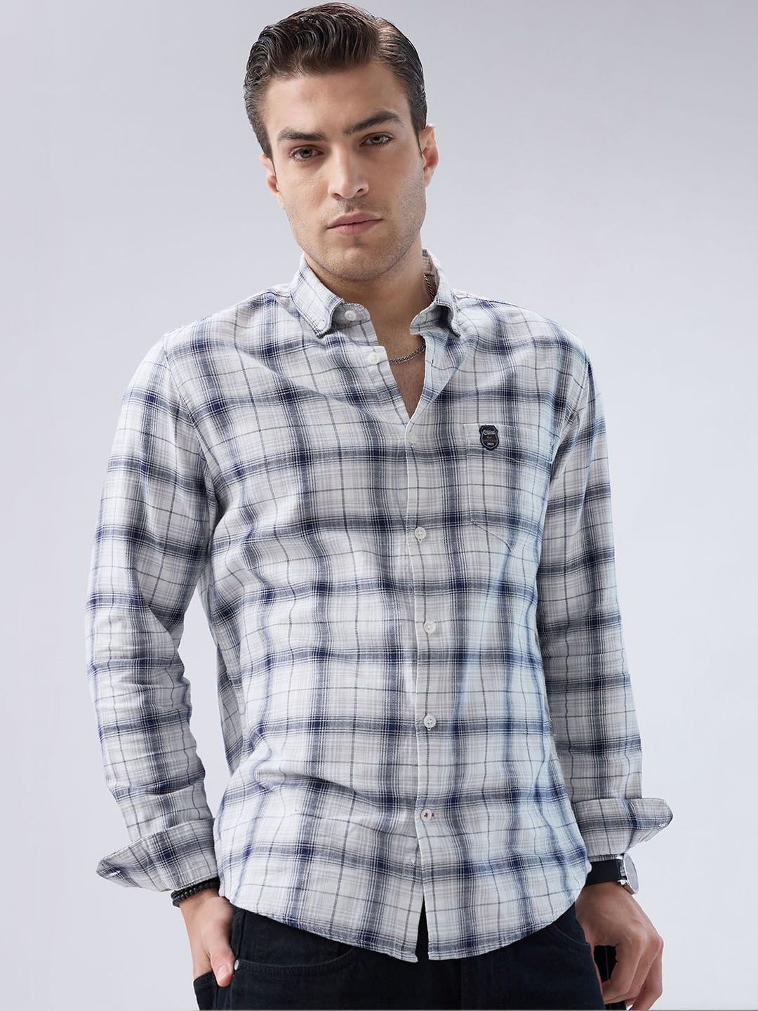 VASTRADO Monochrome Plaid Checks Button-Down Collar Shirt