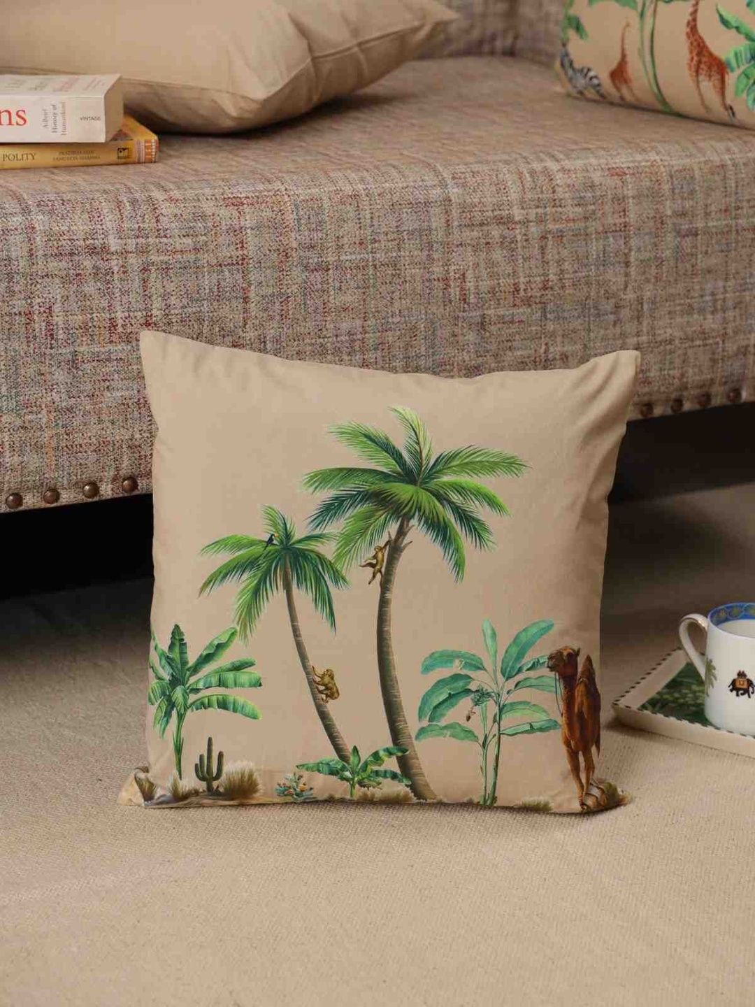 Sangria Beige & Green The Palm & Desert Safari Cotton Square Cushion Cover-16 x 16 Inch