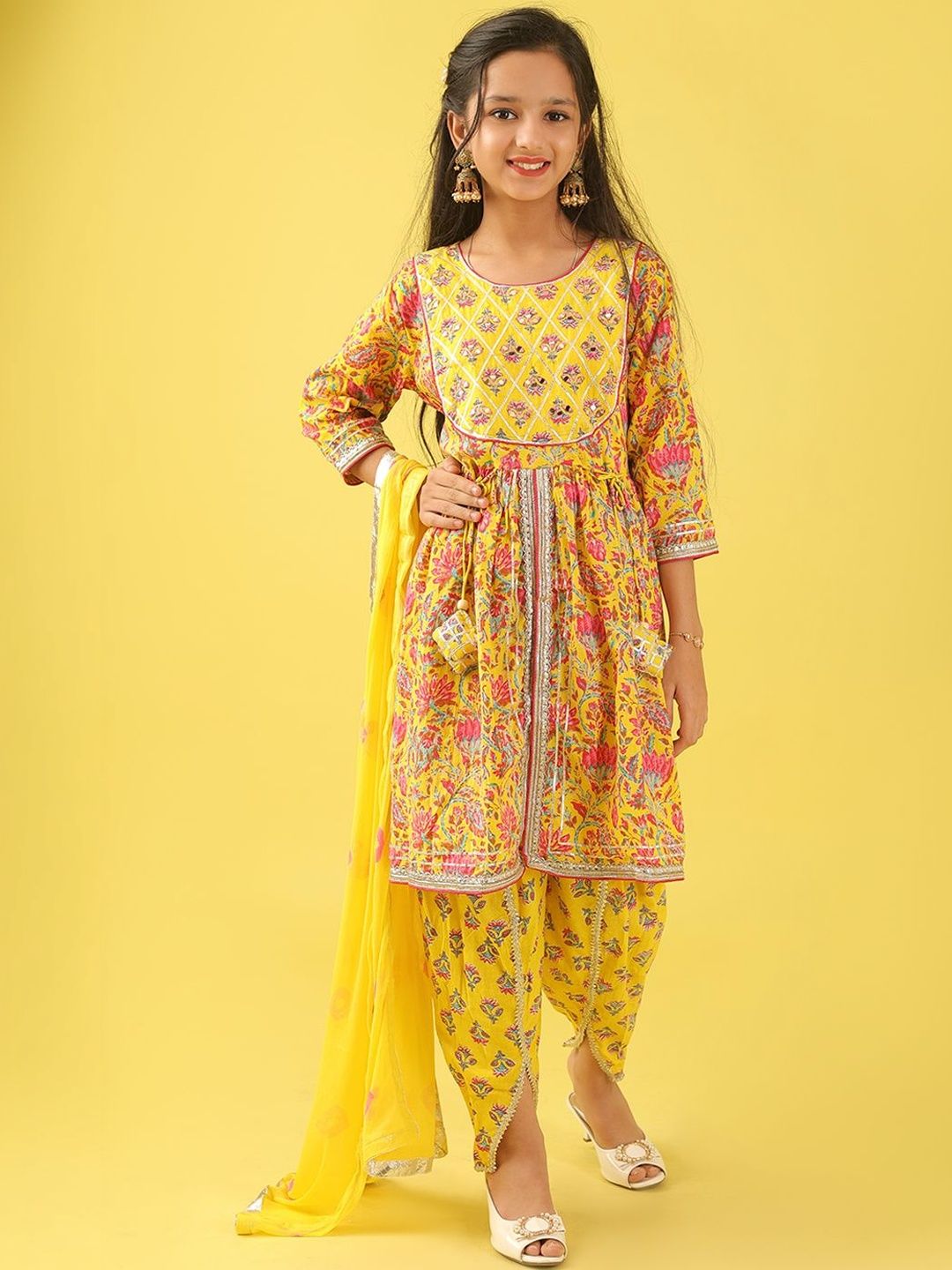 Sangria Girls Floral Printed Cotton Kurta with Dhoti Pants & With Dupatta