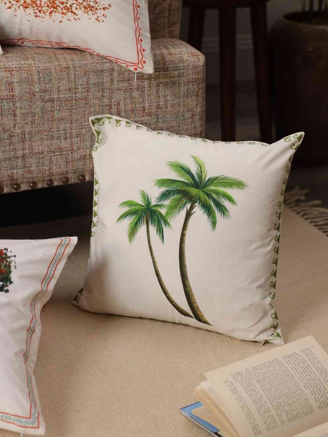 Sangria Sangria White & Green Tropical Grove Cotton Square Cushion Cover-16 x 16 Inch