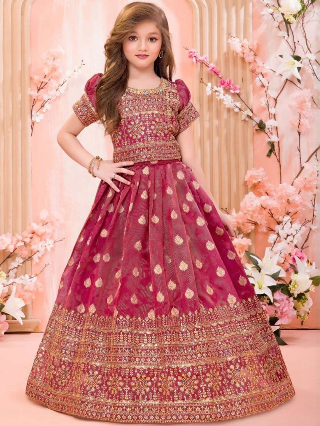 Wommaniya Impex Girls Embellished Sequinned Ready to Wear Lehenga &