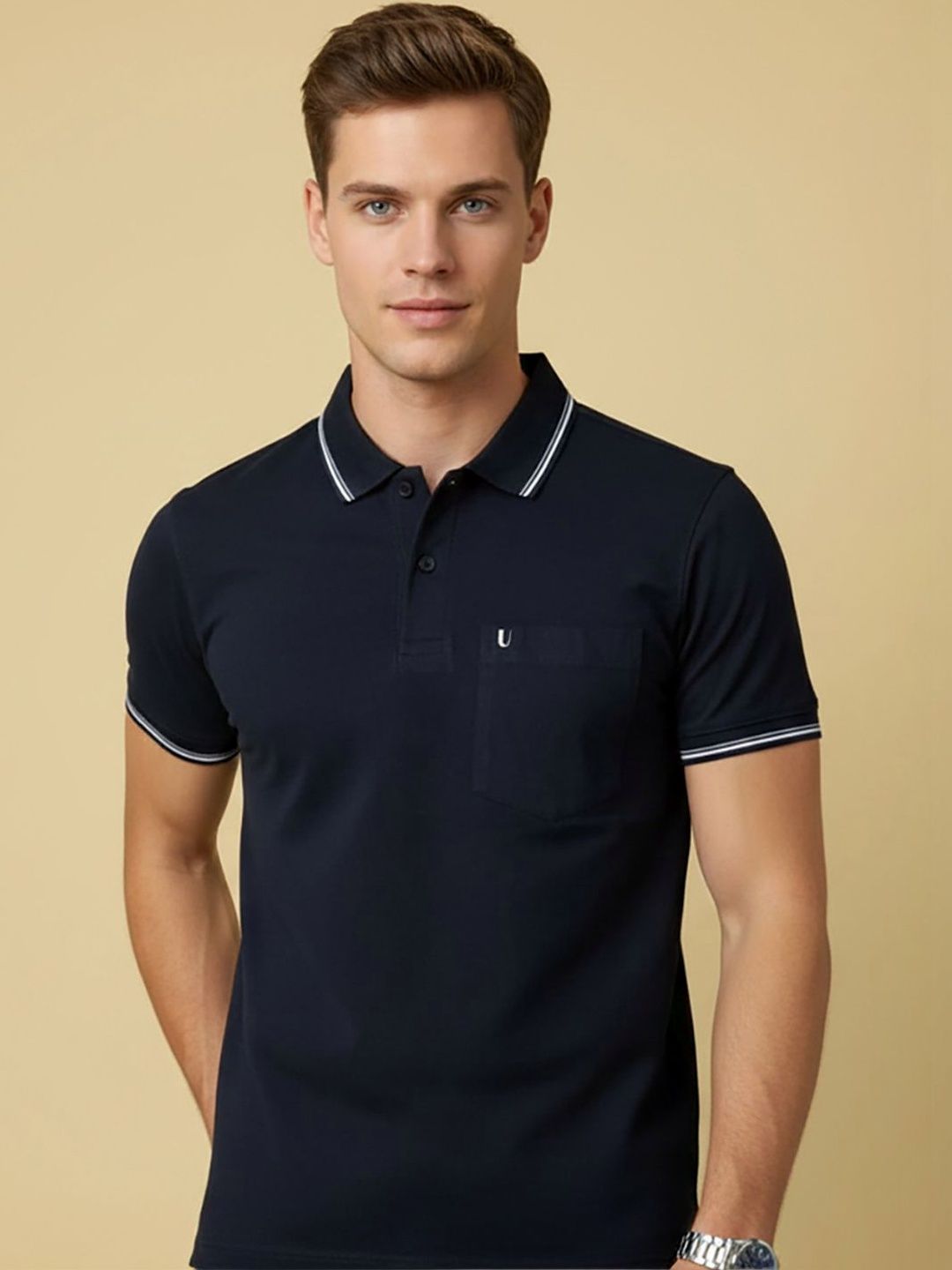 UNIBERRY Men Brand Logo Polo Collar Pockets T-shirt
