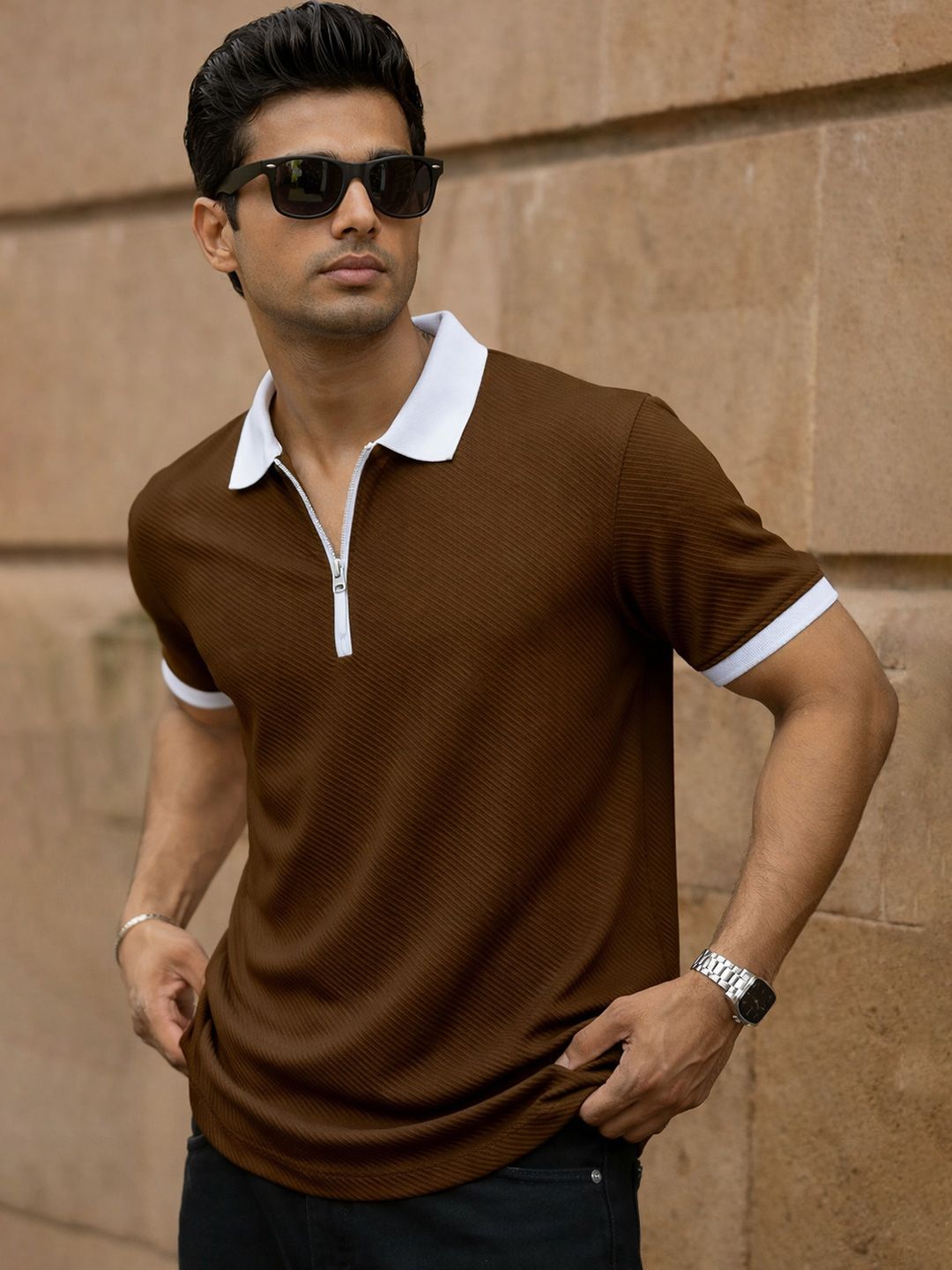 COMBRAIDED Men Polo Collar Polyester PU Coated T-shirt