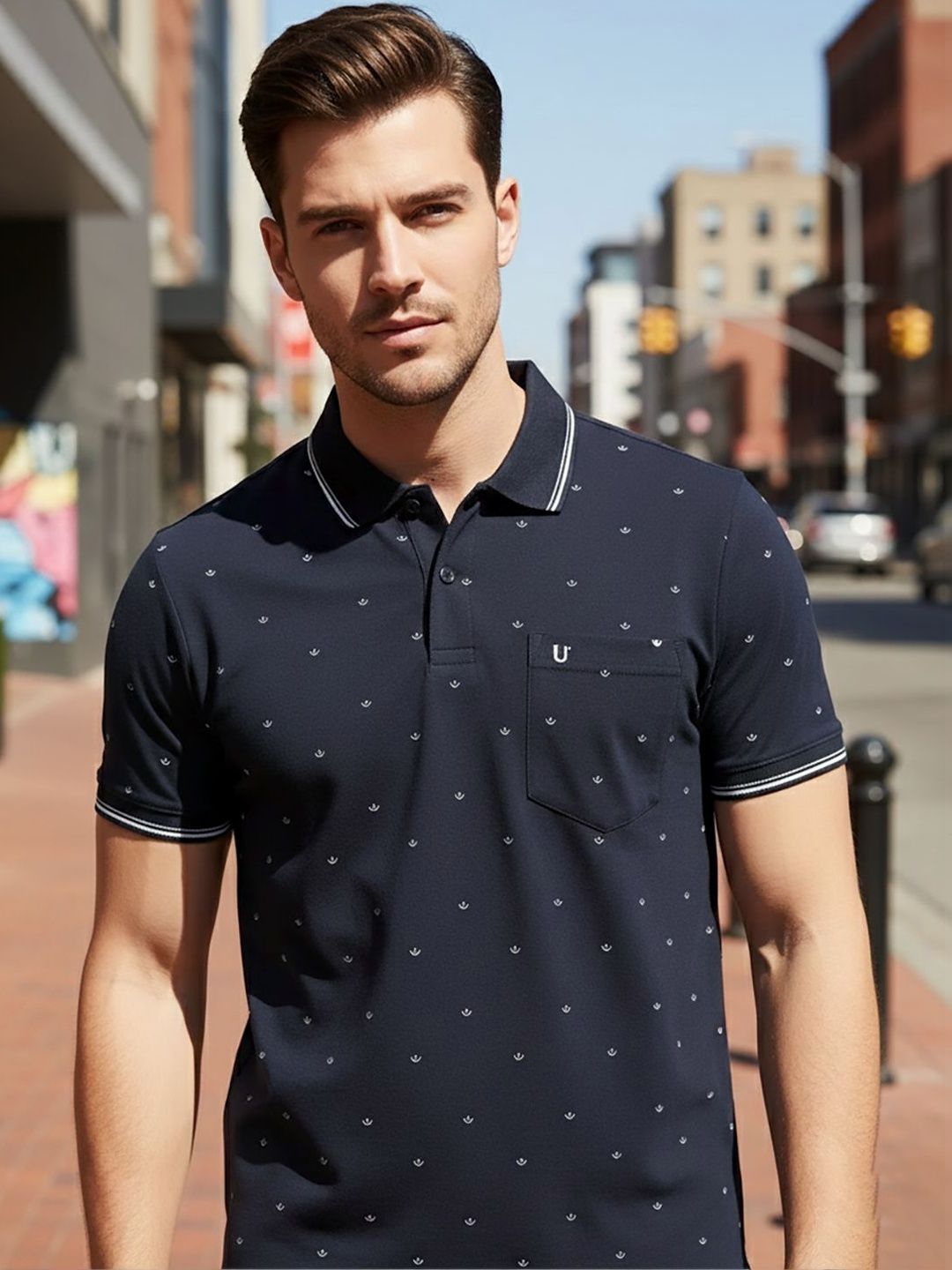 UNIBERRY Men Printed Polo Collar Pockets T-shirt
