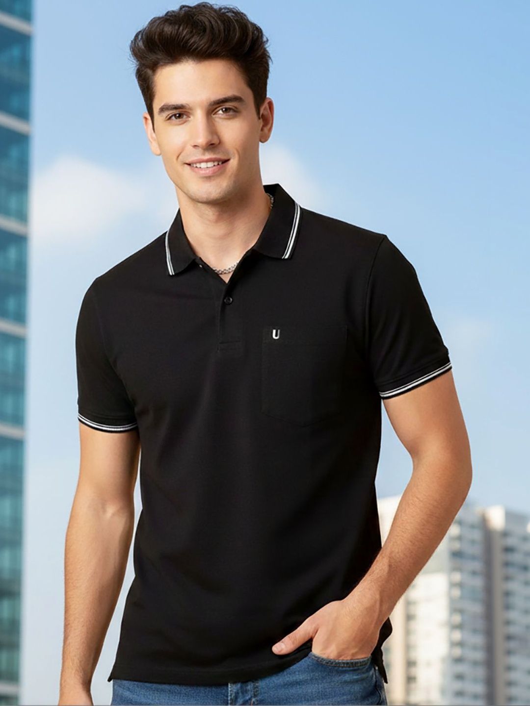 UNIBERRY Men Brand Logo Polo Collar Pockets T-shirt