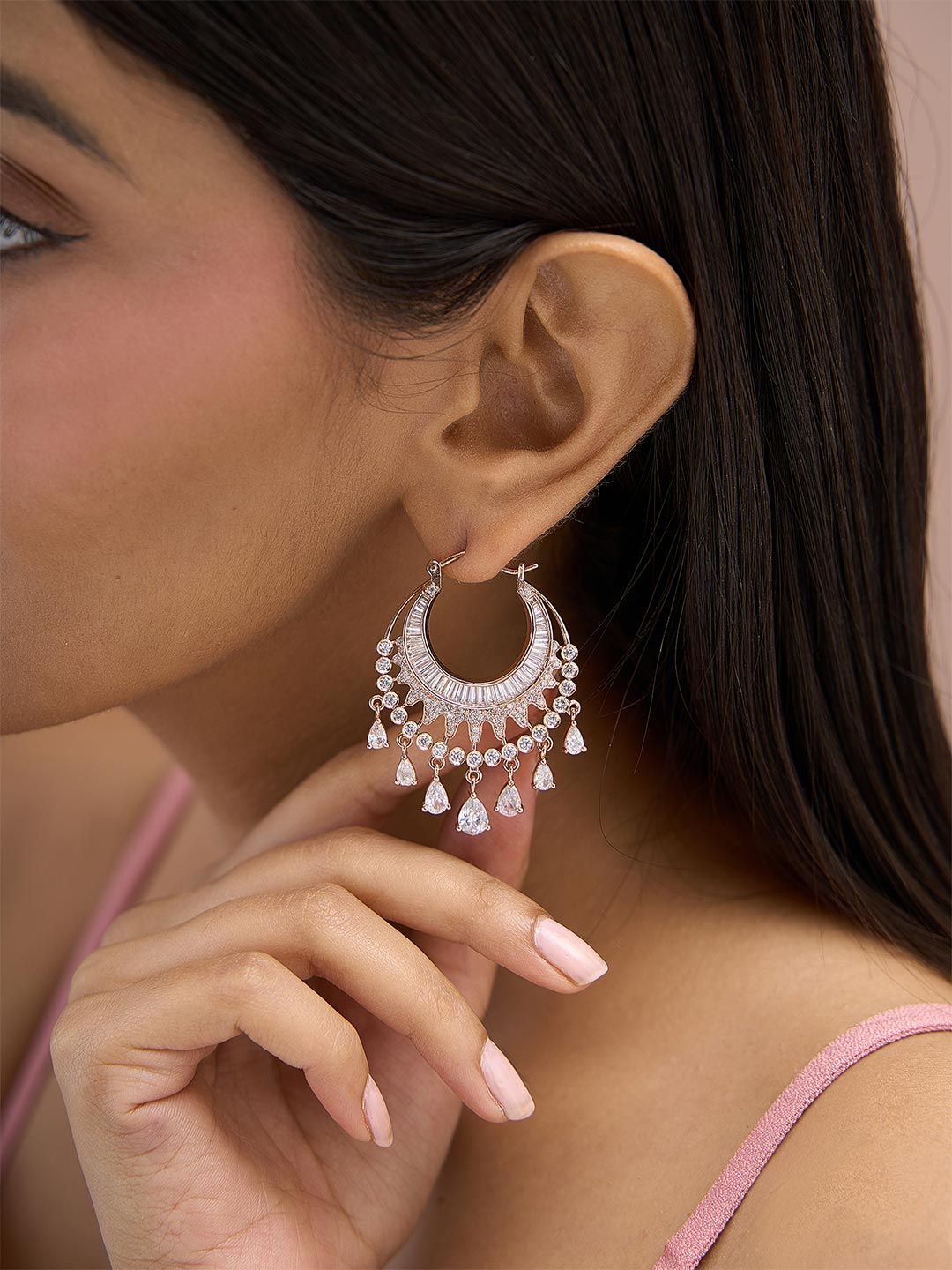 Fida Premium 14k Rose Gold-Plated AAA American Diamond Hoop Earrings